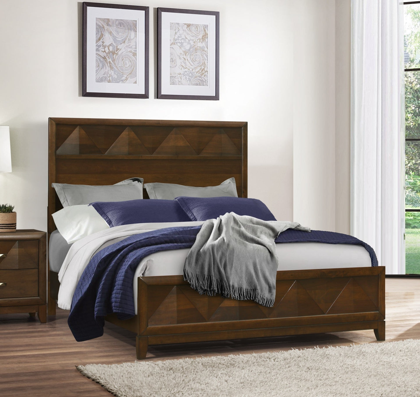 Modern Bedroom Walnut Finish 1pc Queen Bed Decorative Design Headboard Footboard Wooden Furniture