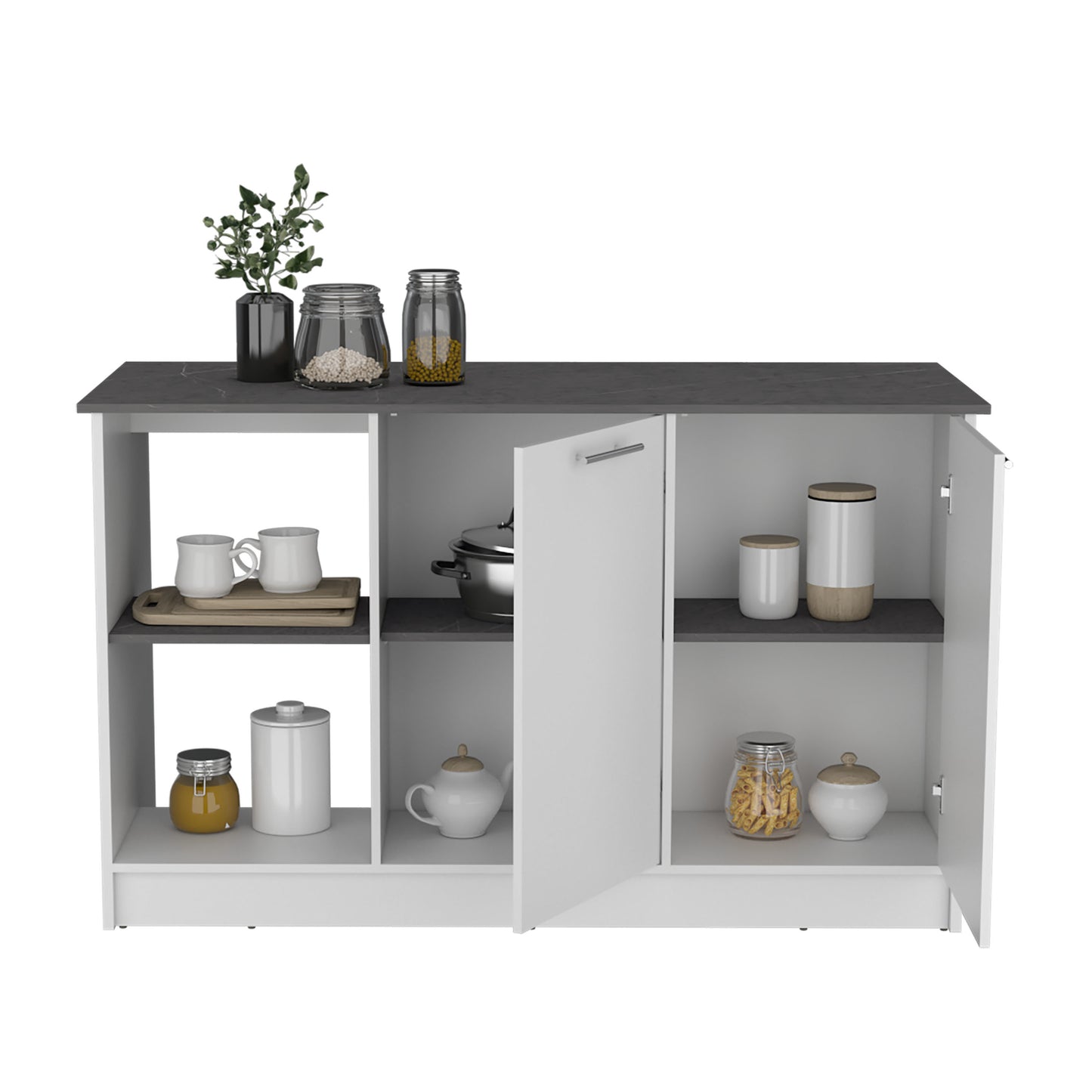 Juniper Kitchen Island with Large Top Surface, Double Door Cabinet, and Open Shelves