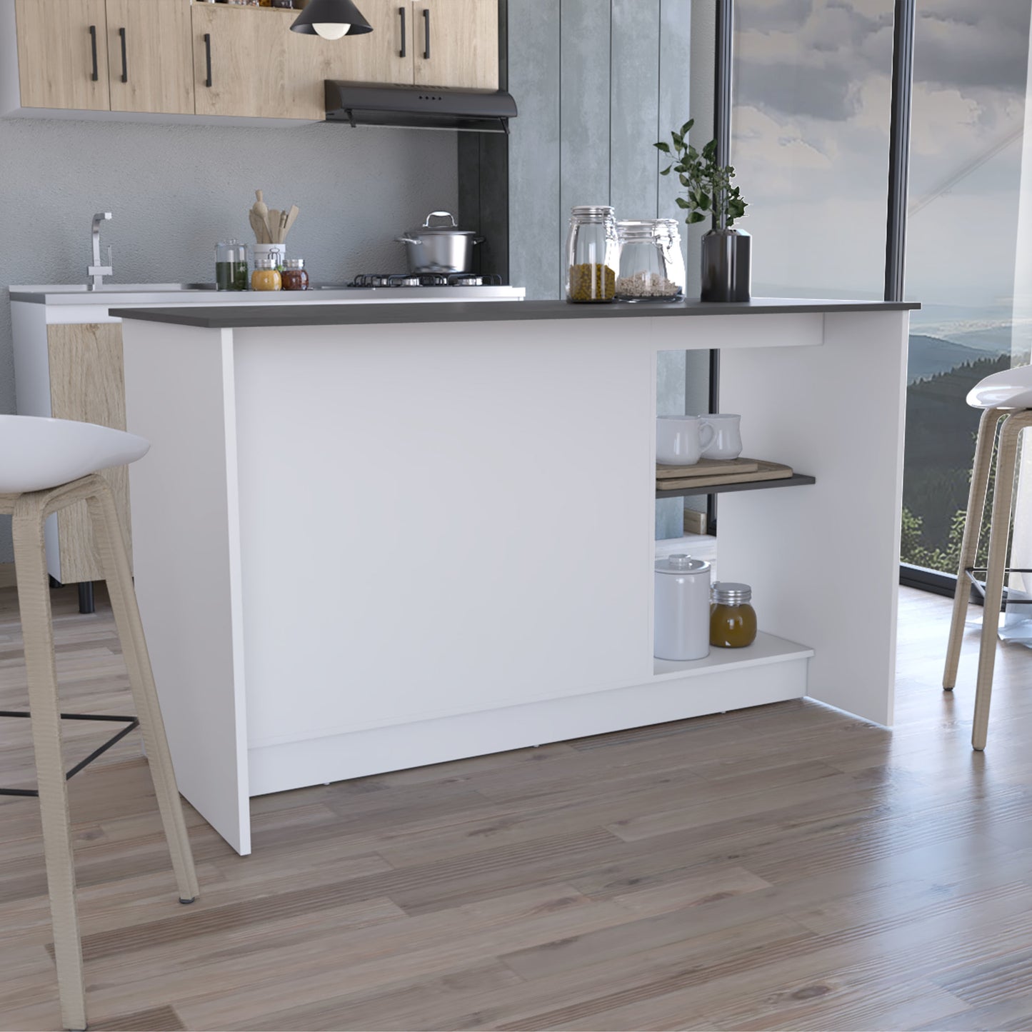 Juniper Kitchen Island with Large Top Surface, Double Door Cabinet, and Open Shelves