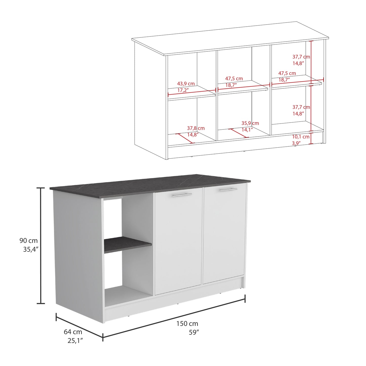 Juniper Kitchen Island with Large Top Surface, Double Door Cabinet, and Open Shelves