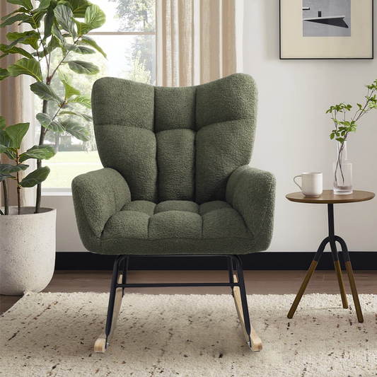 Teddy Fabric Rocking Chair, Upholstered Rocker Armchair with High Backrest, Modern Rocking Accent Chair for Nursery, Living Room, Bedroom, Olive Green