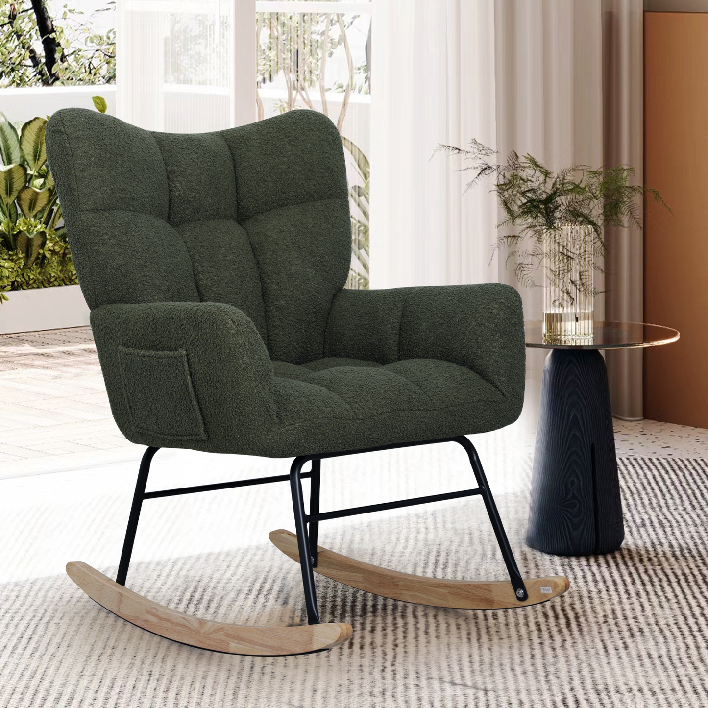 Teddy Fabric Rocking Chair, Upholstered Rocker Armchair with High Backrest, Modern Rocking Accent Chair for Nursery, Living Room, Bedroom, Olive Green