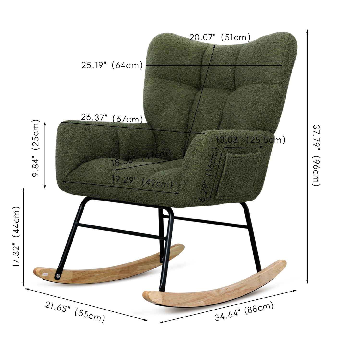 Teddy Fabric Rocking Chair, Upholstered Rocker Armchair with High Backrest, Modern Rocking Accent Chair for Nursery, Living Room, Bedroom, Olive Green