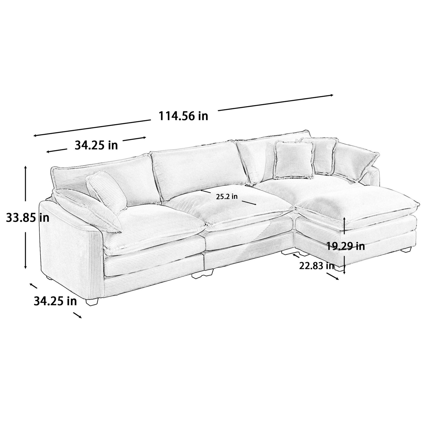 Sectional Sofa Modular Deep Seat 3-Seat Sofa Couch with Ottoman,Comfy Upholstered Furniture for Living Room,Light Beige Corduroy Sofa