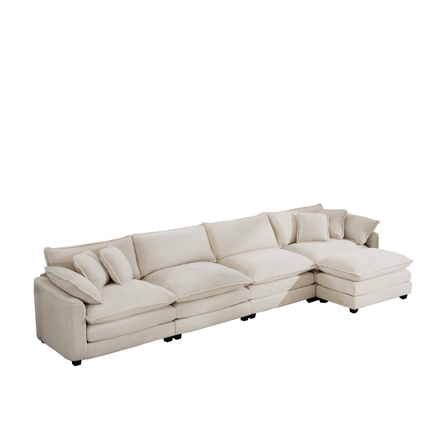 Sectional Sofa Modular Deep Seat 3-Seat Sofa Couch with Ottoman,Comfy Upholstered Furniture for Living Room,Light Beige Corduroy Sofa