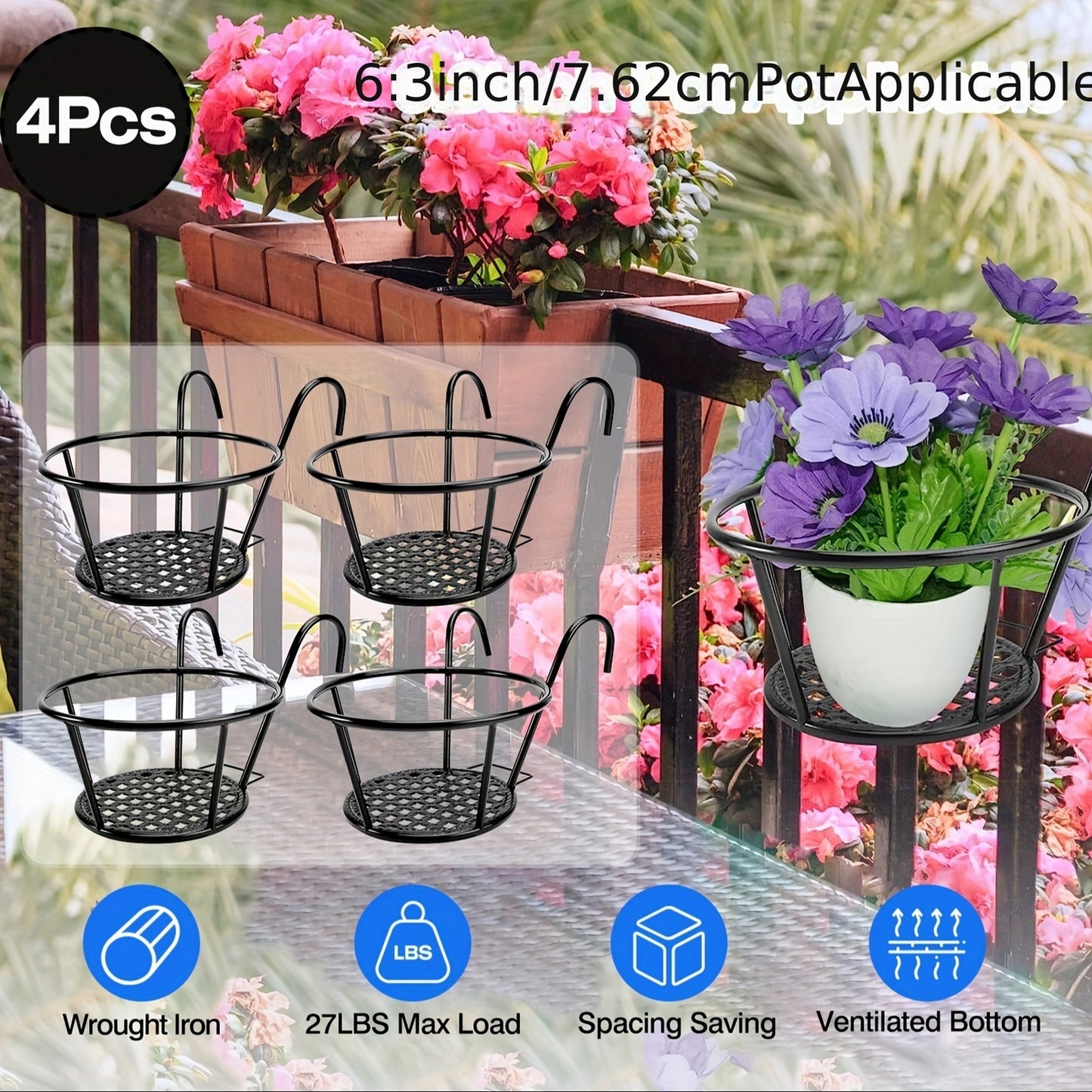 4Pcs Round Hanging Railing Planters Wrought Iron Flower Pot Holder Over The Rail Fence Plant Stand Basket 27LBS Load for Patio Balcony Porch Fence