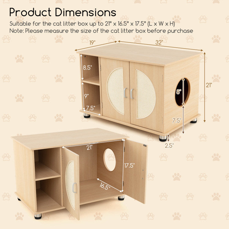 Cat Litter Box Enclosure with Sisal Scratching Doors and Adjustable Metal Feet