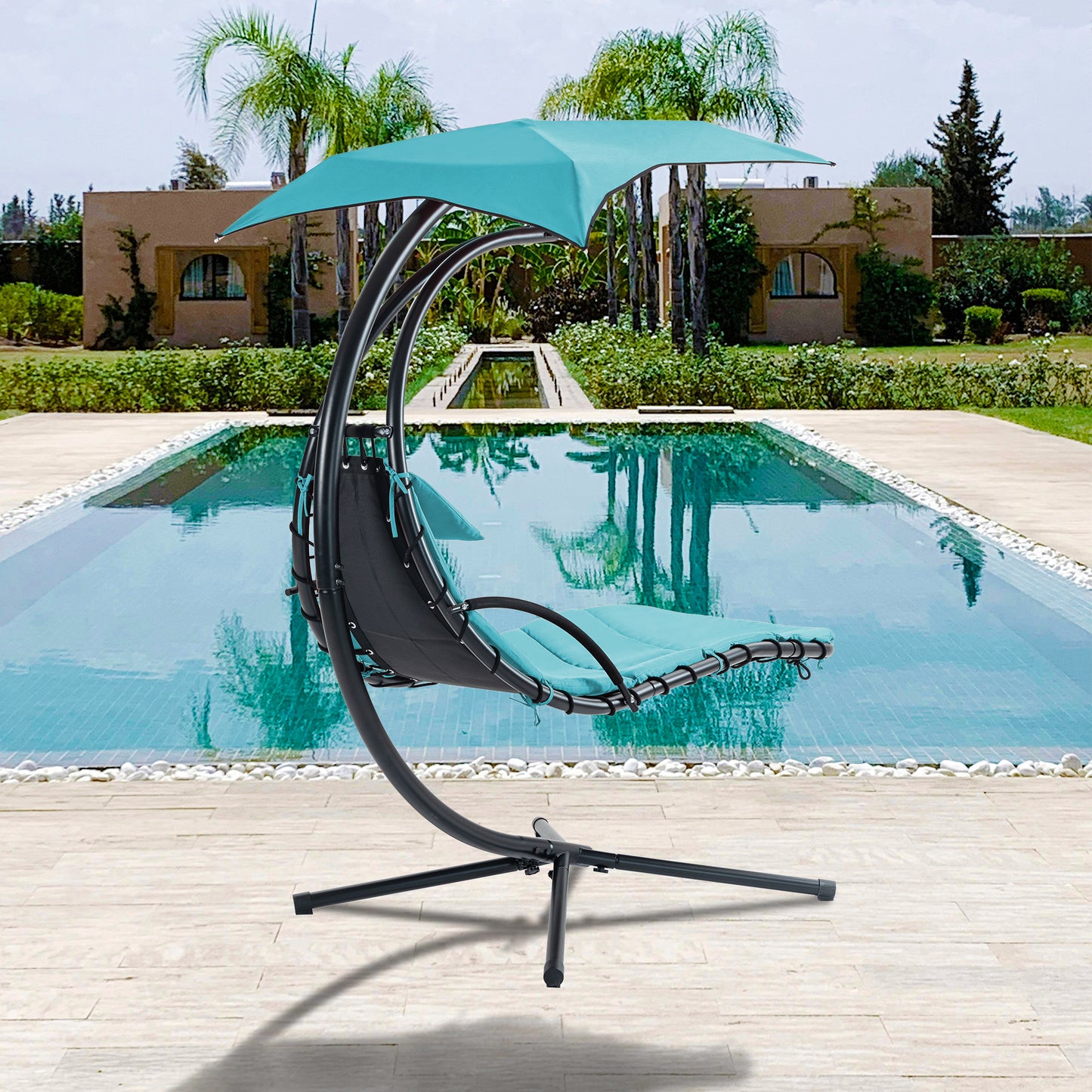 53.15 in. Outdoor Teal Hanging Curved Lounge Chair Steel Hammocks Chaise Swing with Built-In Pillow and Removable Canopy