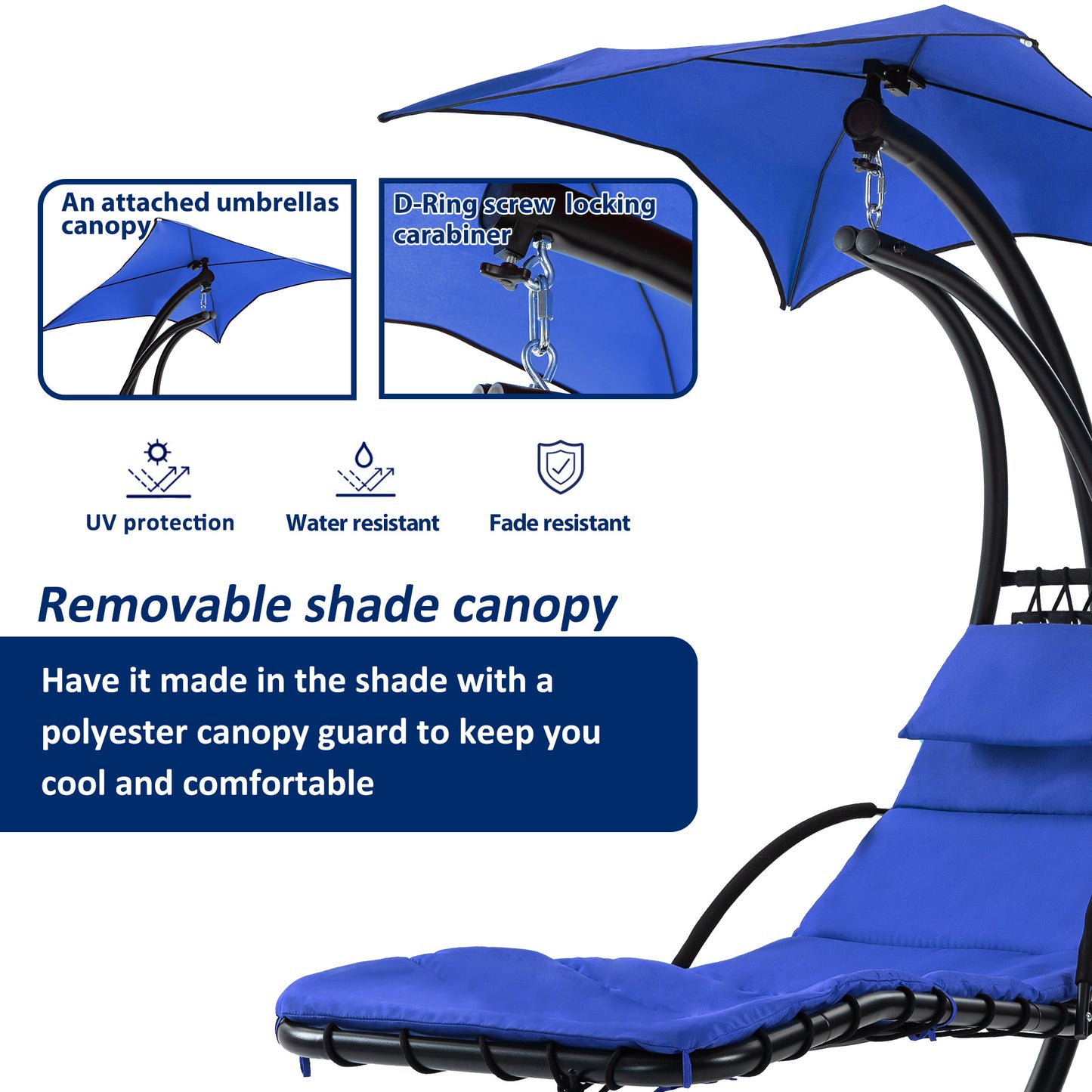 53.15 in. Outdoor Teal Hanging Curved Lounge Chair Steel Hammocks Chaise Swing with Built-In Pillow and Removable Canopy