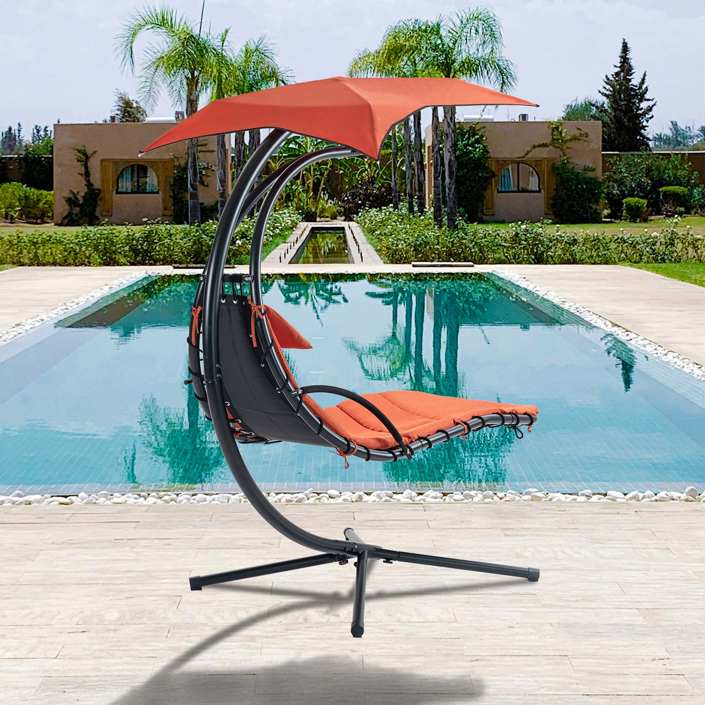 53.15 in. Outdoor Teal Hanging Curved Lounge Chair Steel Hammocks Chaise Swing with Built-In Pillow and Removable Canopy