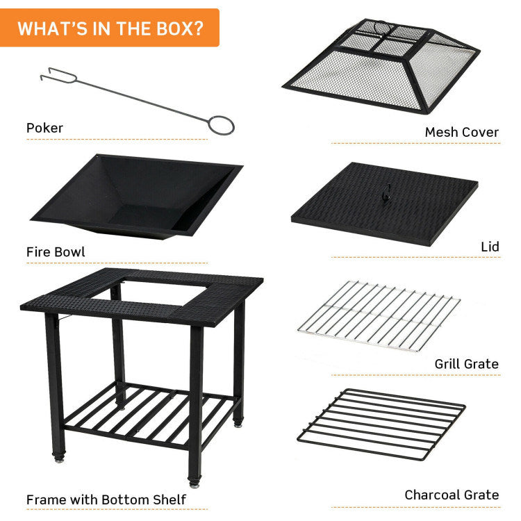 31 Inch Outdoor Fire Pit Dining Table with Cooking BBQ Grate