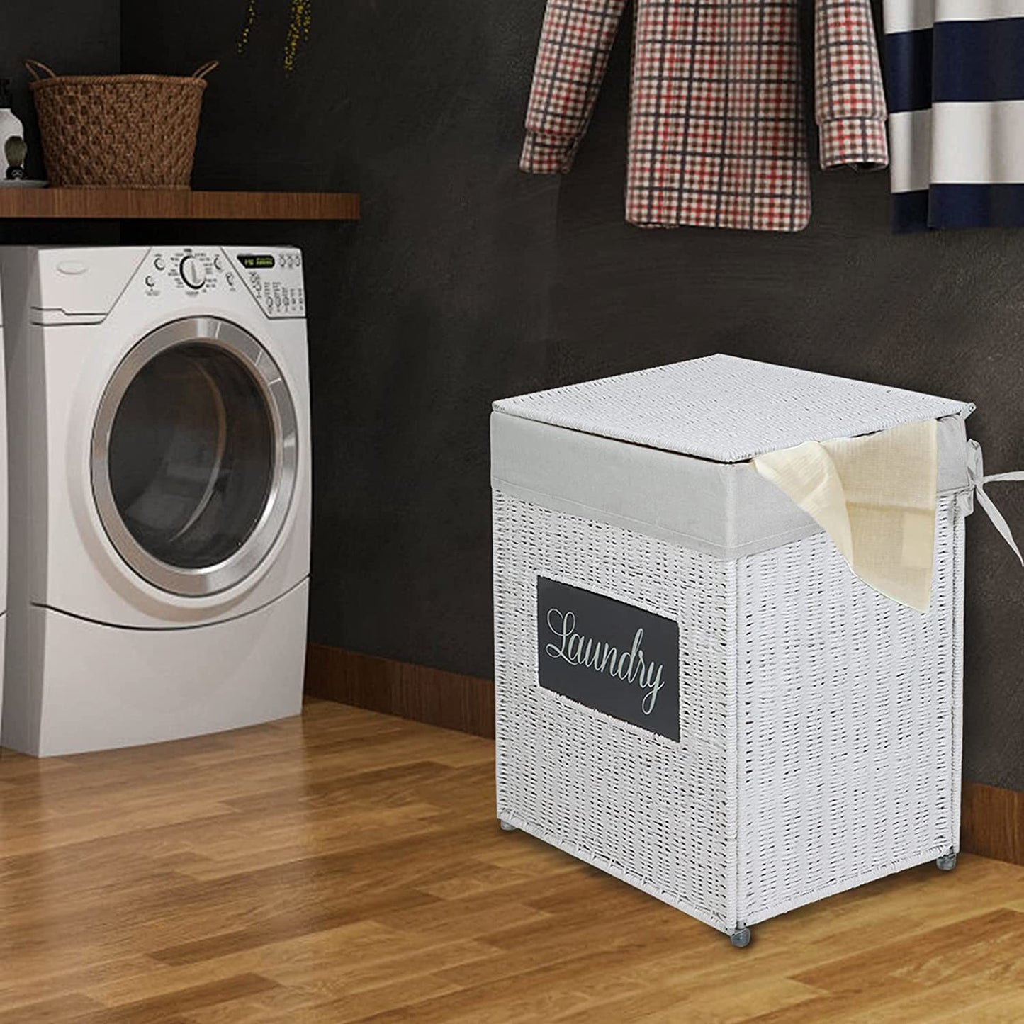 Laundry Hamper with Lid Laundry Basket with Handles Liner Bag Paper Woven Hampers for Laundry Clothes Storage Basket for Bedroom Bathroom (White)