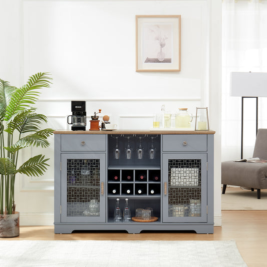 Modern Farmhouse Buffet Cabinet, Sideboard with 2 Drawers and Elegant Glass Door Cabinets, Wine and Glass Rack, Coffee Bar for Kitchen, Dining Room, Light Blue and Light Oak, 56.46"W*15.55"D*35.74"H