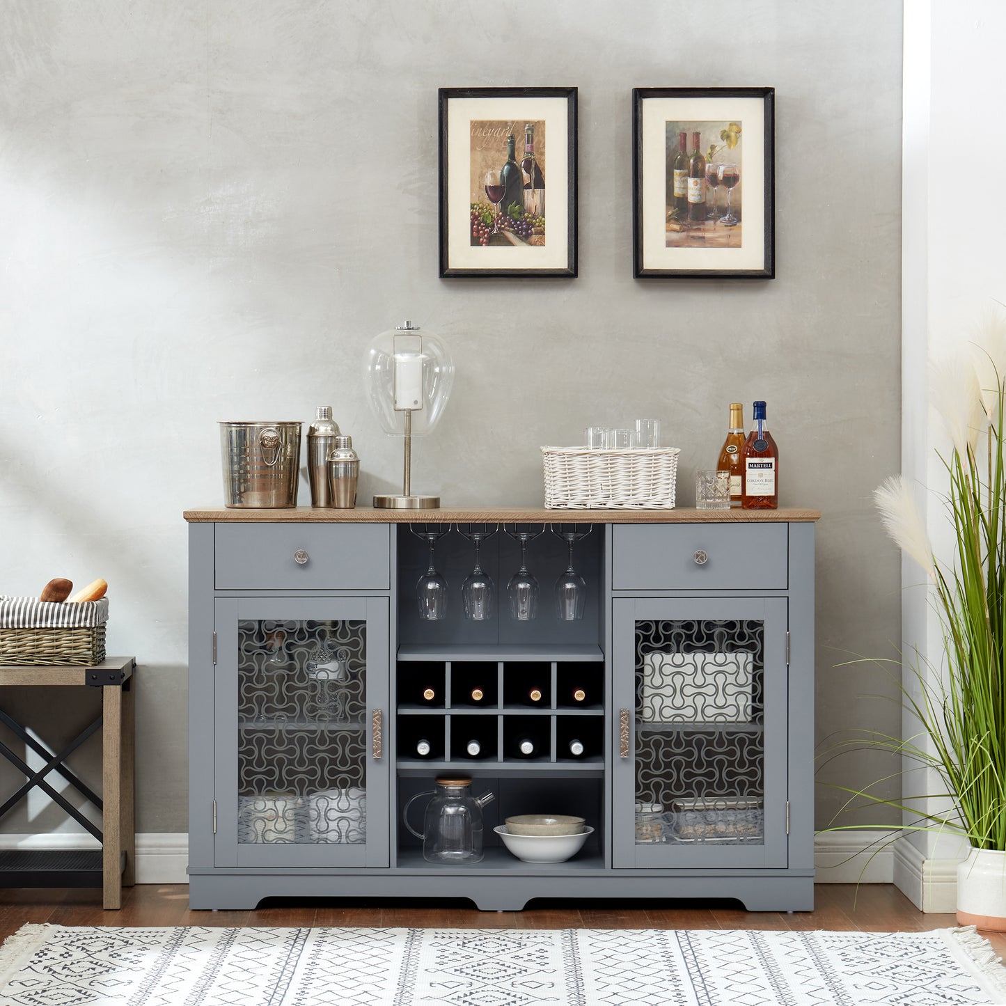 Modern Farmhouse Buffet Cabinet, Sideboard with 2 Drawers and Elegant Glass Door Cabinets, Wine and Glass Rack, Coffee Bar for Kitchen, Dining Room, Light Blue and Light Oak, 56.46"W*15.55"D*35.74"H