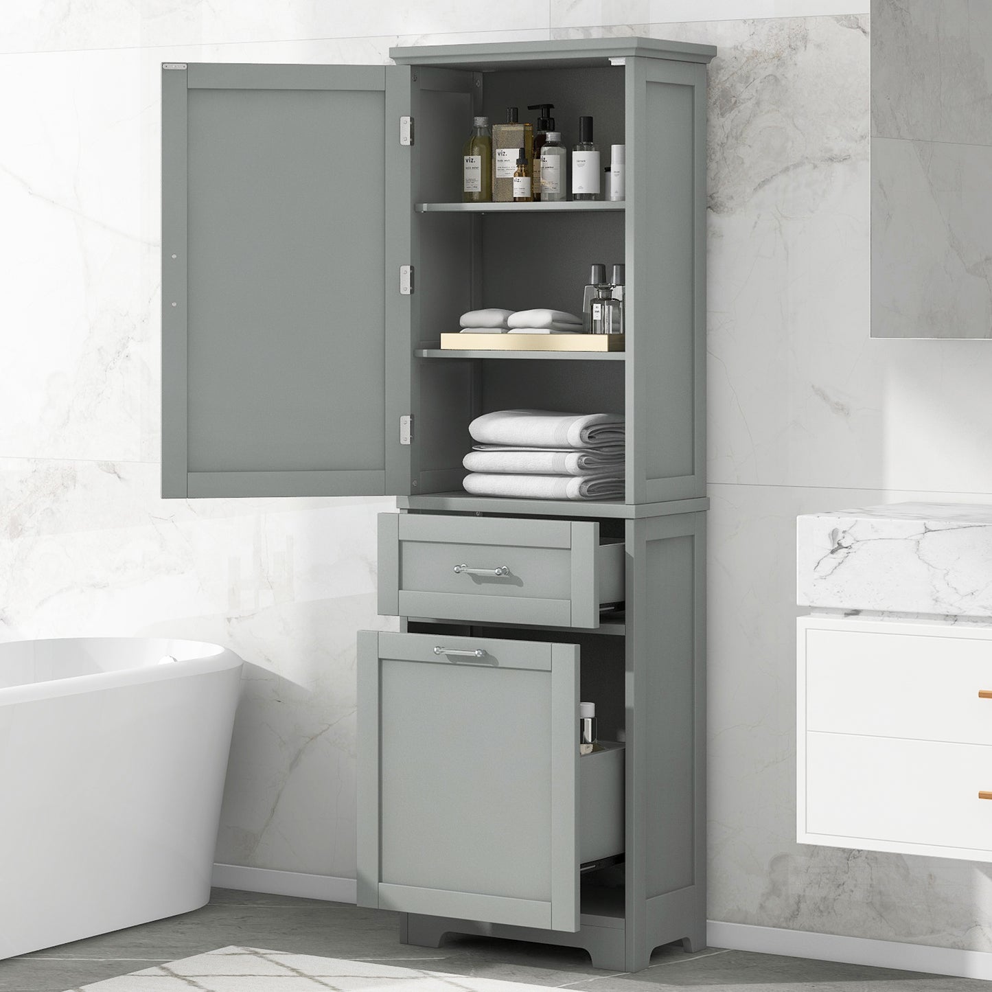 Bathroom Storage Cabinet, Tall Storage Cabinet with Two Drawers, Open Storage, Adjustable Shelf