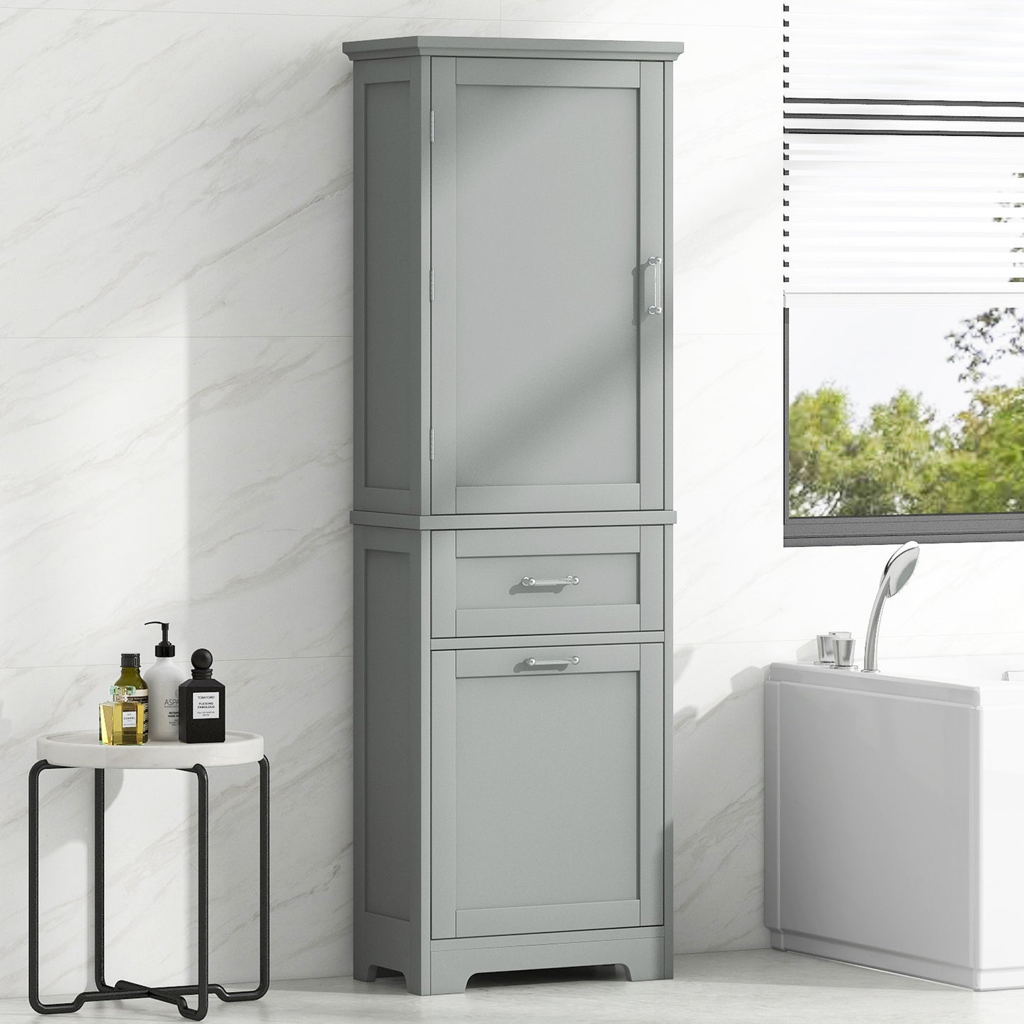 Bathroom Storage Cabinet, Tall Storage Cabinet with Two Drawers, Open Storage, Adjustable Shelf