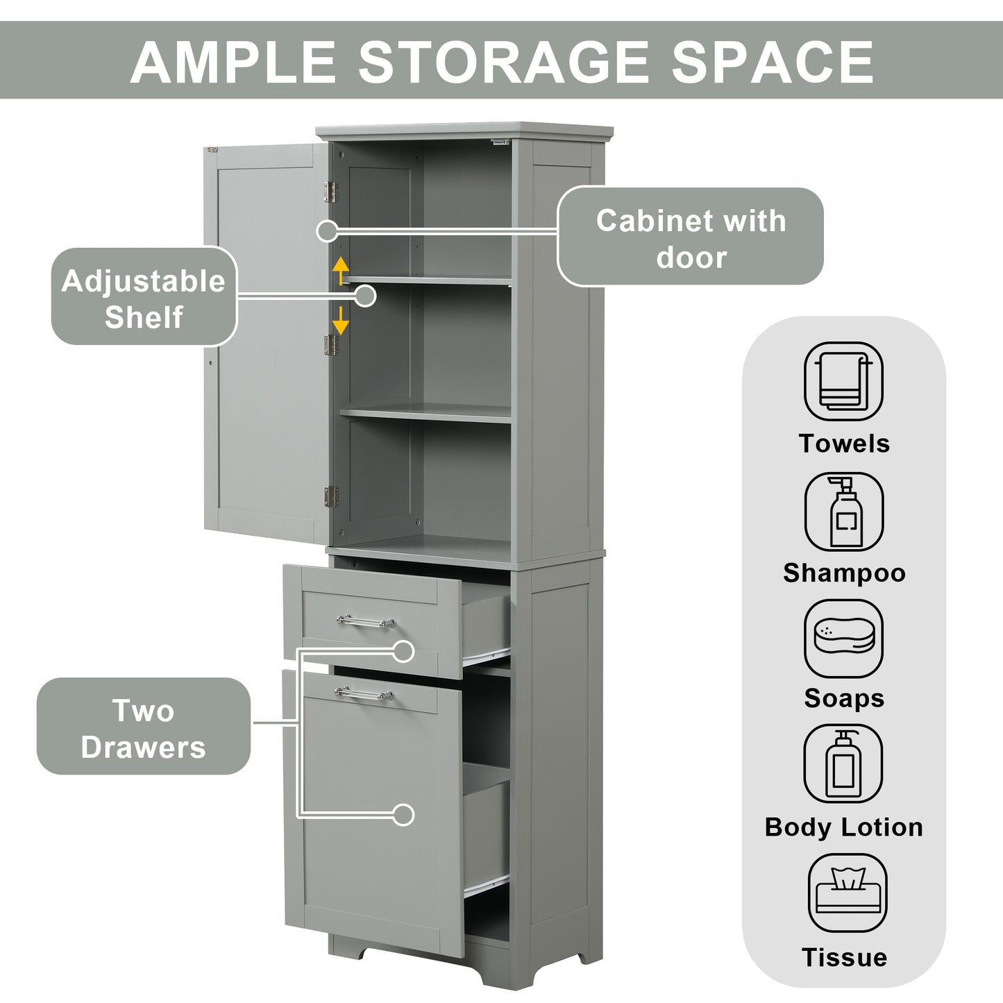 Bathroom Storage Cabinet, Tall Storage Cabinet with Two Drawers, Open Storage, Adjustable Shelf