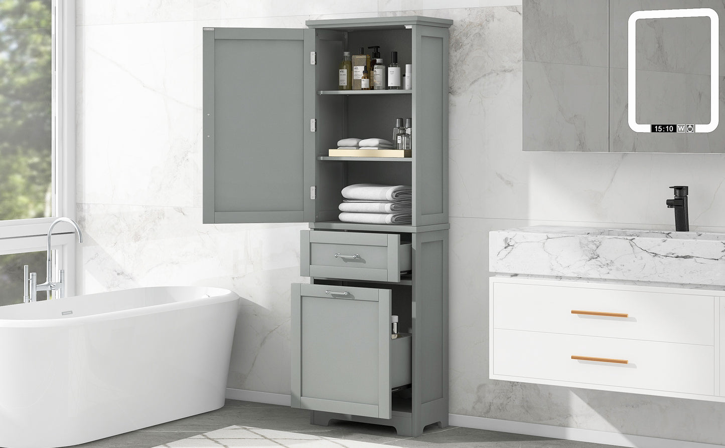 Bathroom Storage Cabinet, Tall Storage Cabinet with Two Drawers, Open Storage, Adjustable Shelf