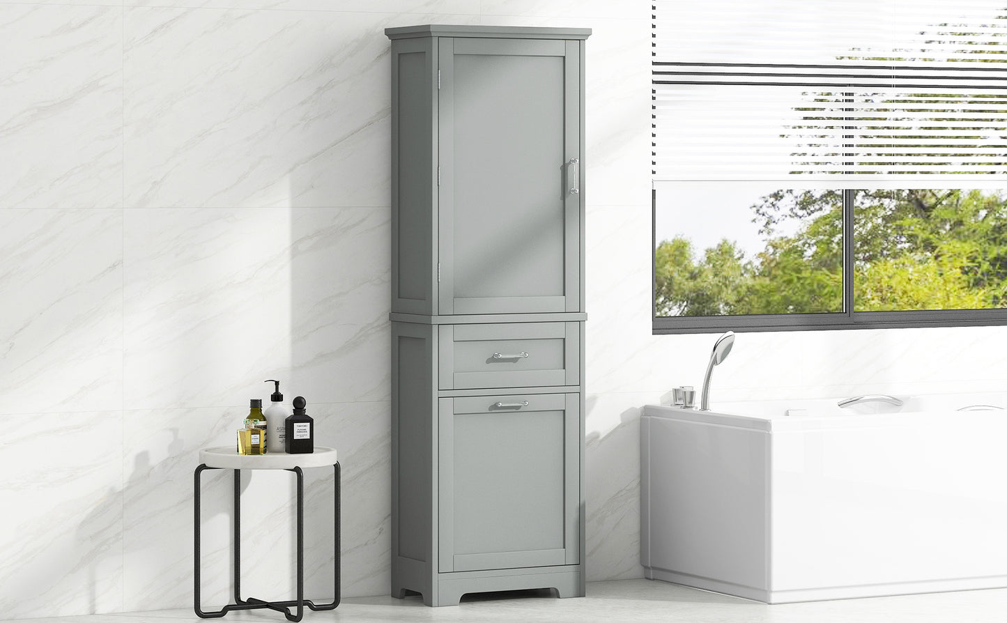 Bathroom Storage Cabinet, Tall Storage Cabinet with Two Drawers, Open Storage, Adjustable Shelf