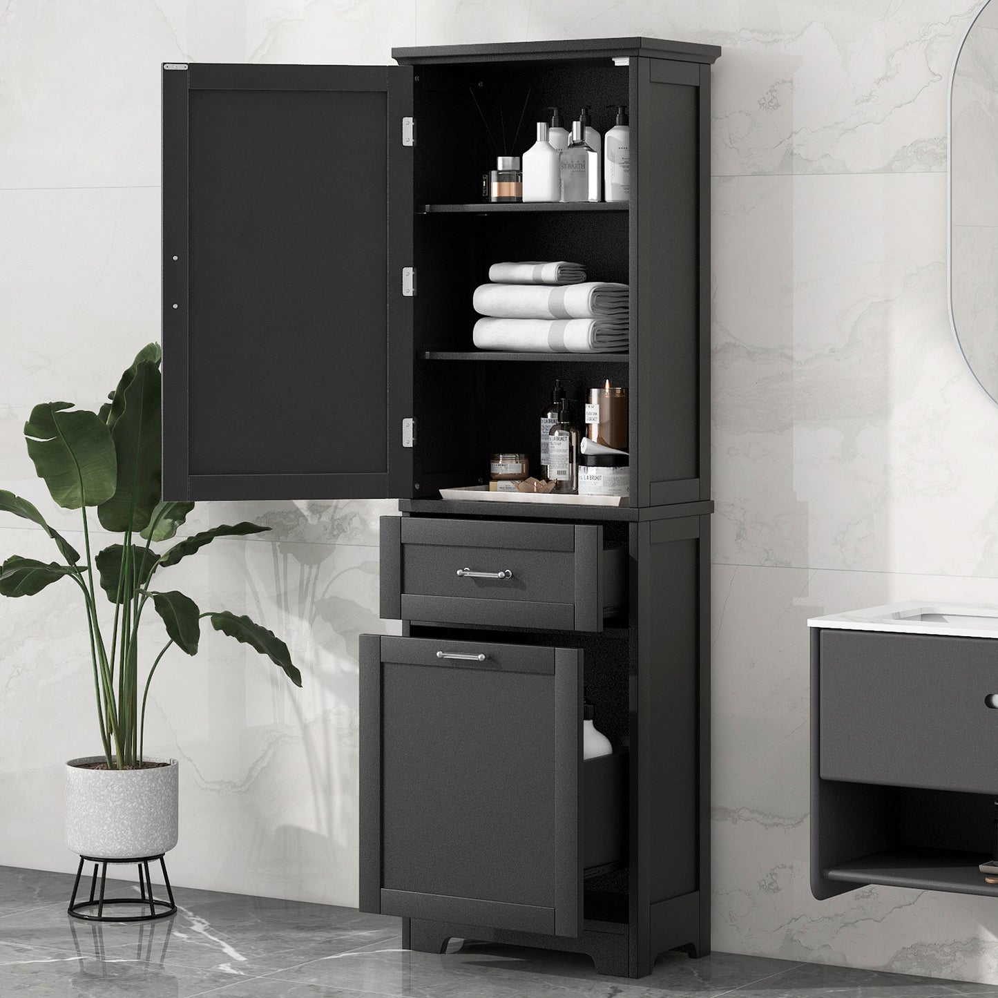 Bathroom Storage Cabinet, Tall Storage Cabinet with Two Drawers, Open Storage, Adjustable Shelf