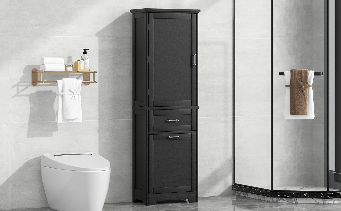 Bathroom Storage Cabinet, Tall Storage Cabinet with Two Drawers, Open Storage, Adjustable Shelf