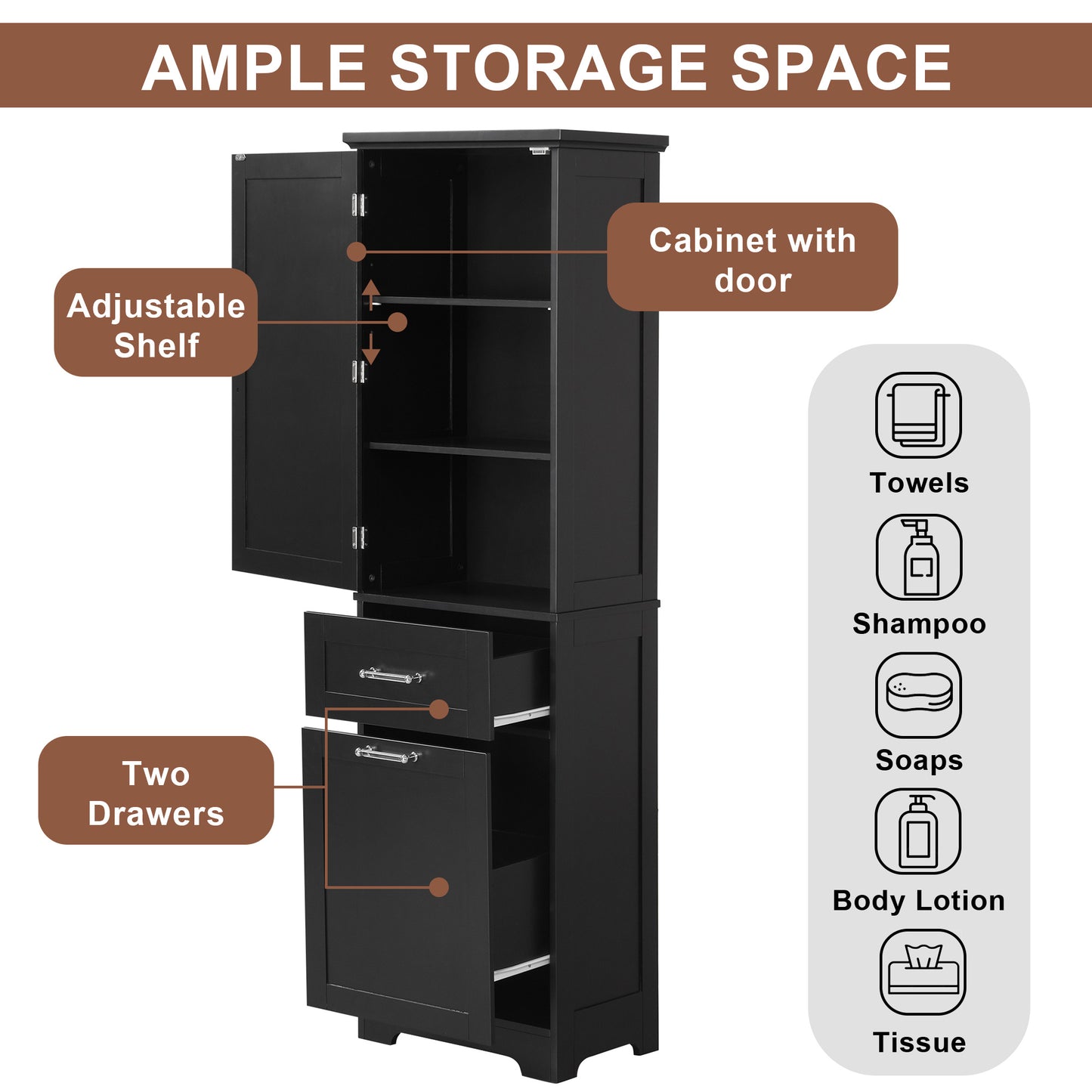 Bathroom Storage Cabinet, Tall Storage Cabinet with Two Drawers, Open Storage, Adjustable Shelf