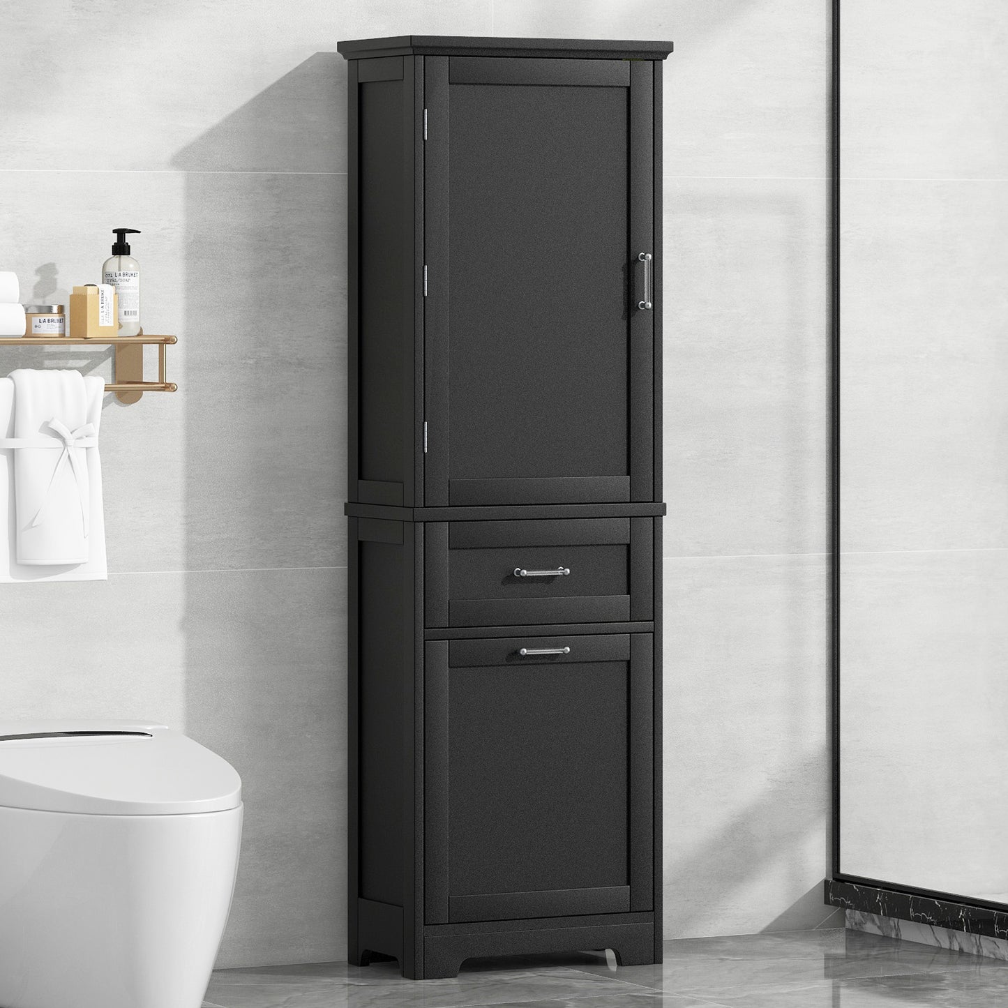 Bathroom Storage Cabinet, Tall Storage Cabinet with Two Drawers, Open Storage, Adjustable Shelf