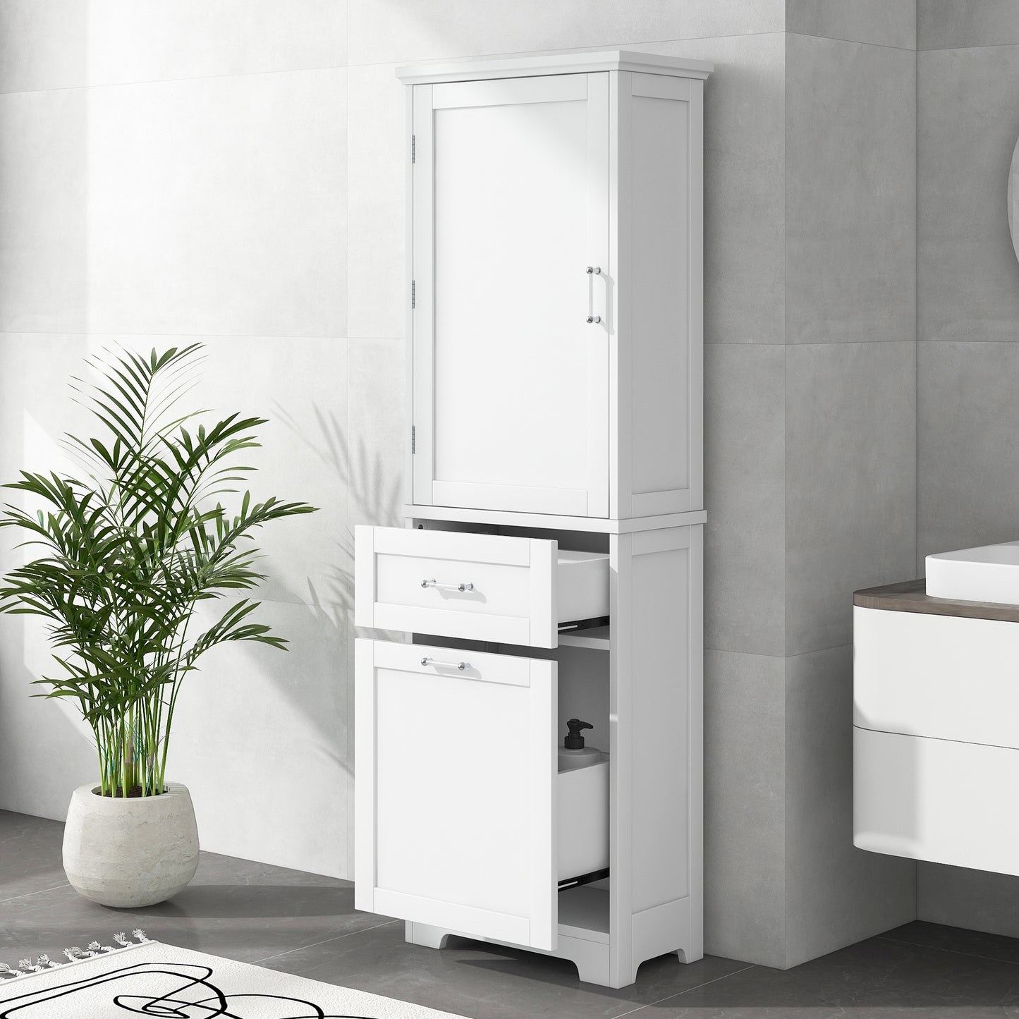 Bathroom Storage Cabinet, Tall Storage Cabinet with Two Drawers, Open Storage, Adjustable Shelf