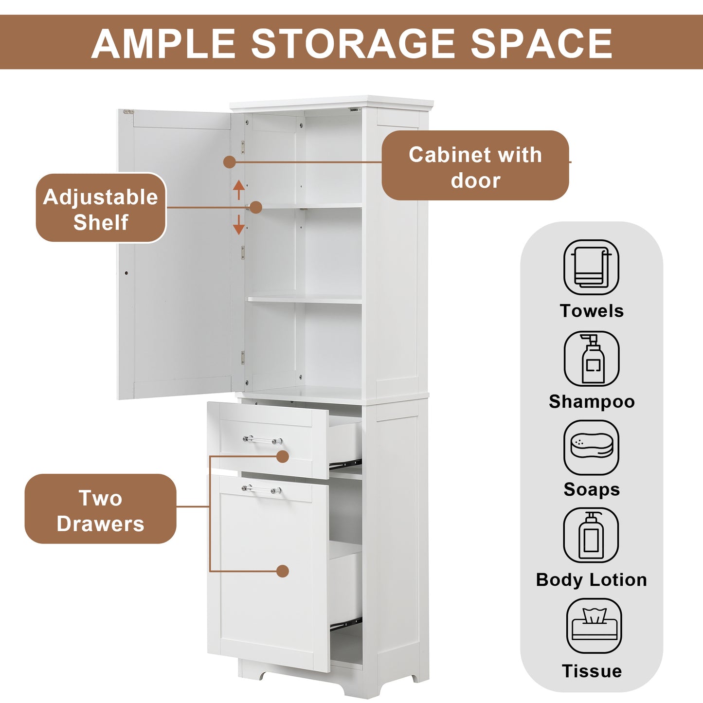 Bathroom Storage Cabinet, Tall Storage Cabinet with Two Drawers, Open Storage, Adjustable Shelf