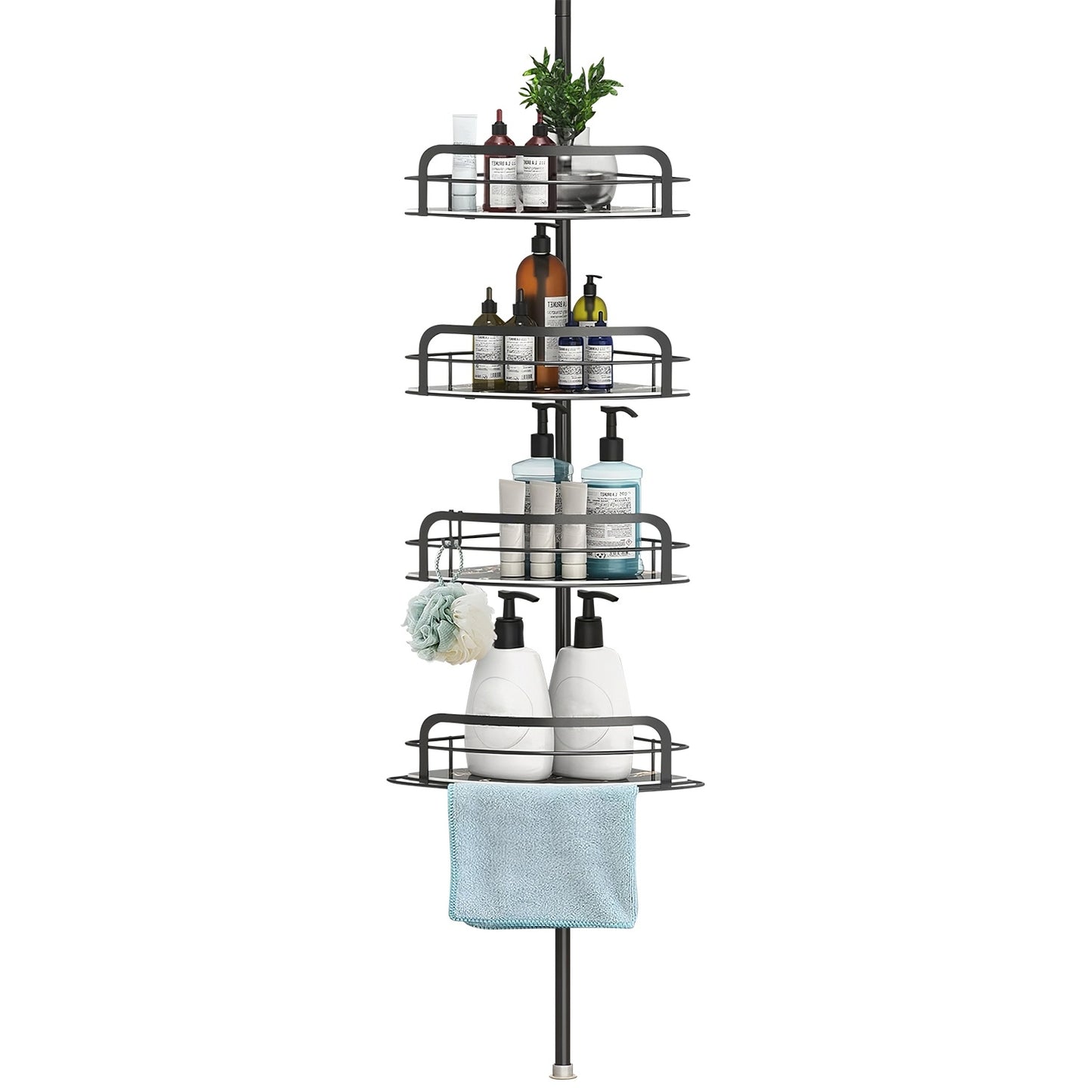 Rust-Resistant Corner Shower Caddy For Bathroom 4 Height Adjustable Shelves With Tension Pole Towel Bar Hanging Hook Floor Standing Bath Storage Rack 8.66-116.14IN