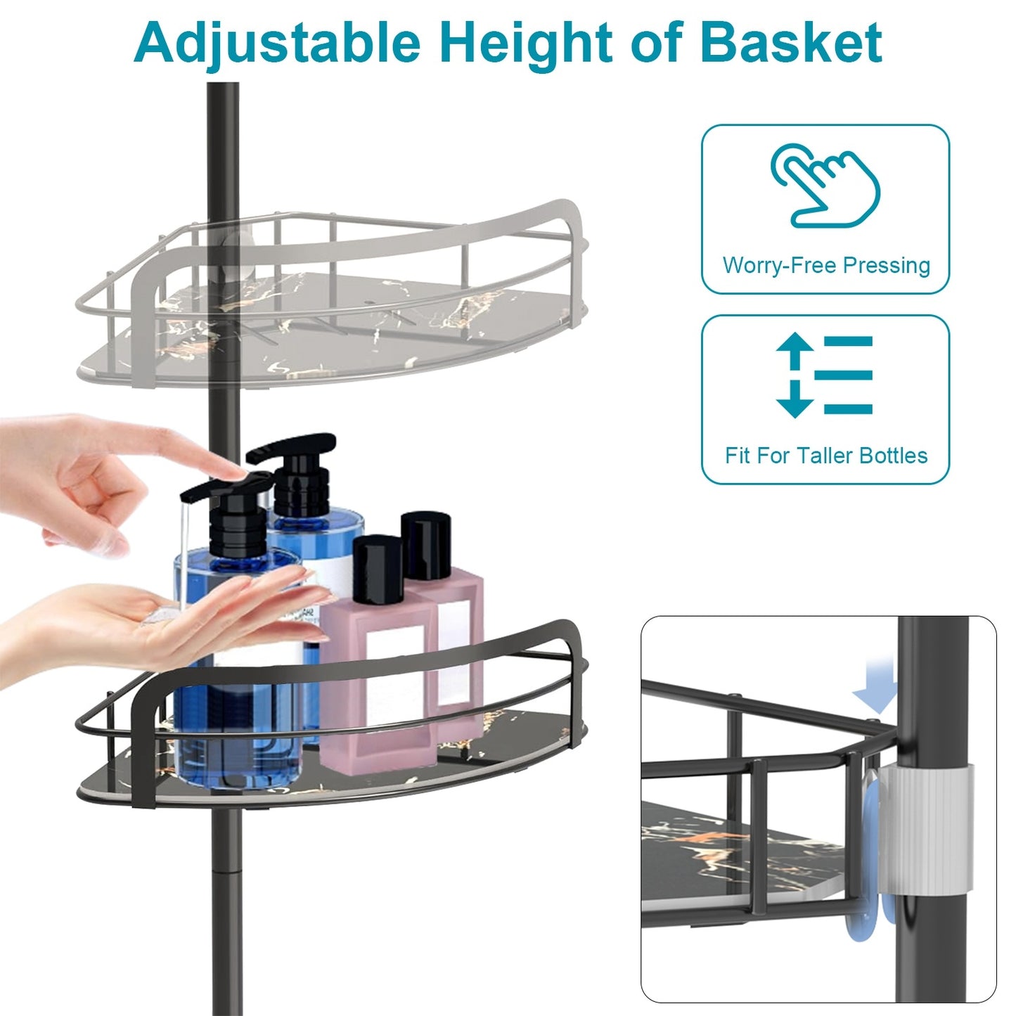 Rust-Resistant Corner Shower Caddy For Bathroom 4 Height Adjustable Shelves With Tension Pole Towel Bar Hanging Hook Floor Standing Bath Storage Rack 8.66-116.14IN