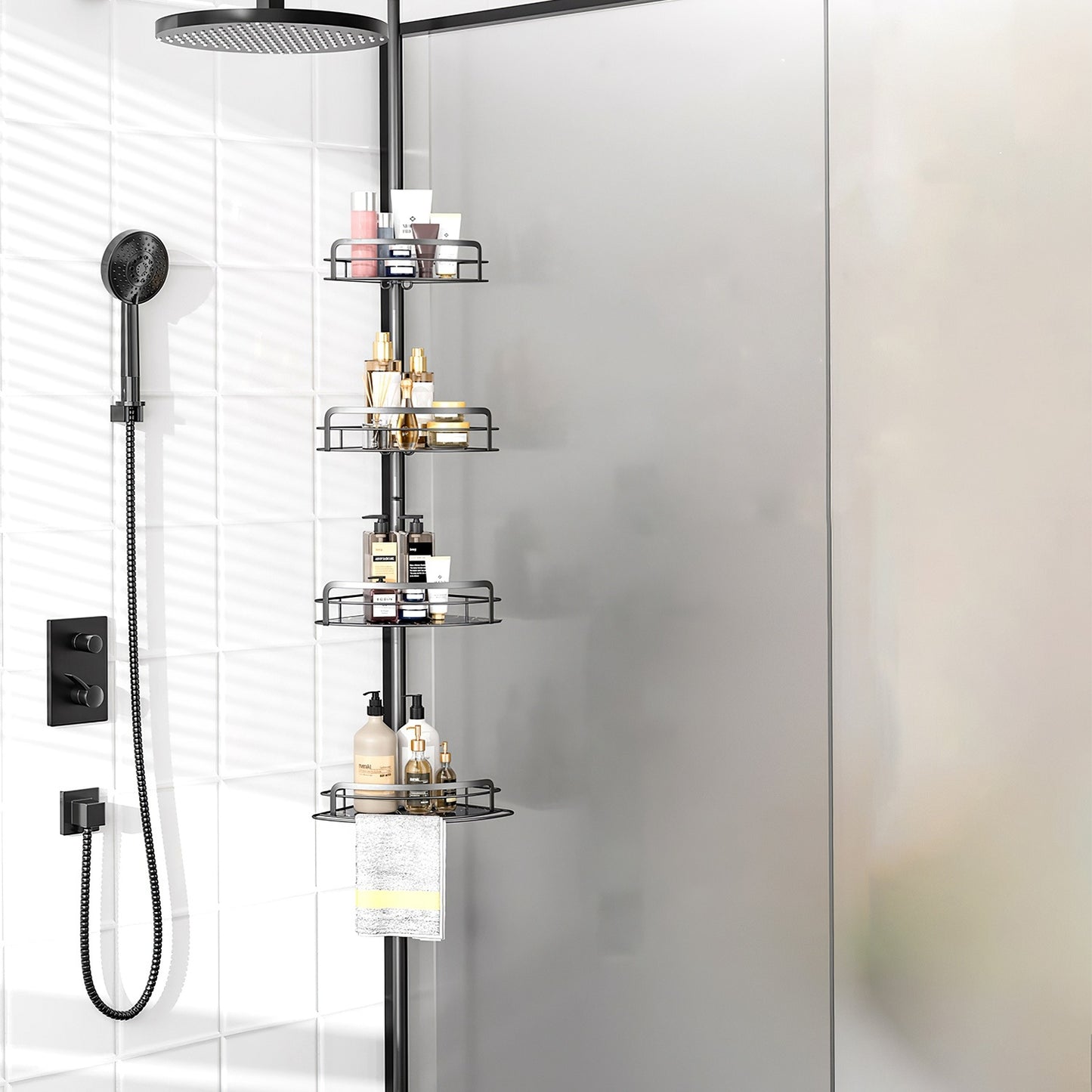 Rust-Resistant Corner Shower Caddy For Bathroom 4 Height Adjustable Shelves With Tension Pole Towel Bar Hanging Hook Floor Standing Bath Storage Rack 8.66-116.14IN