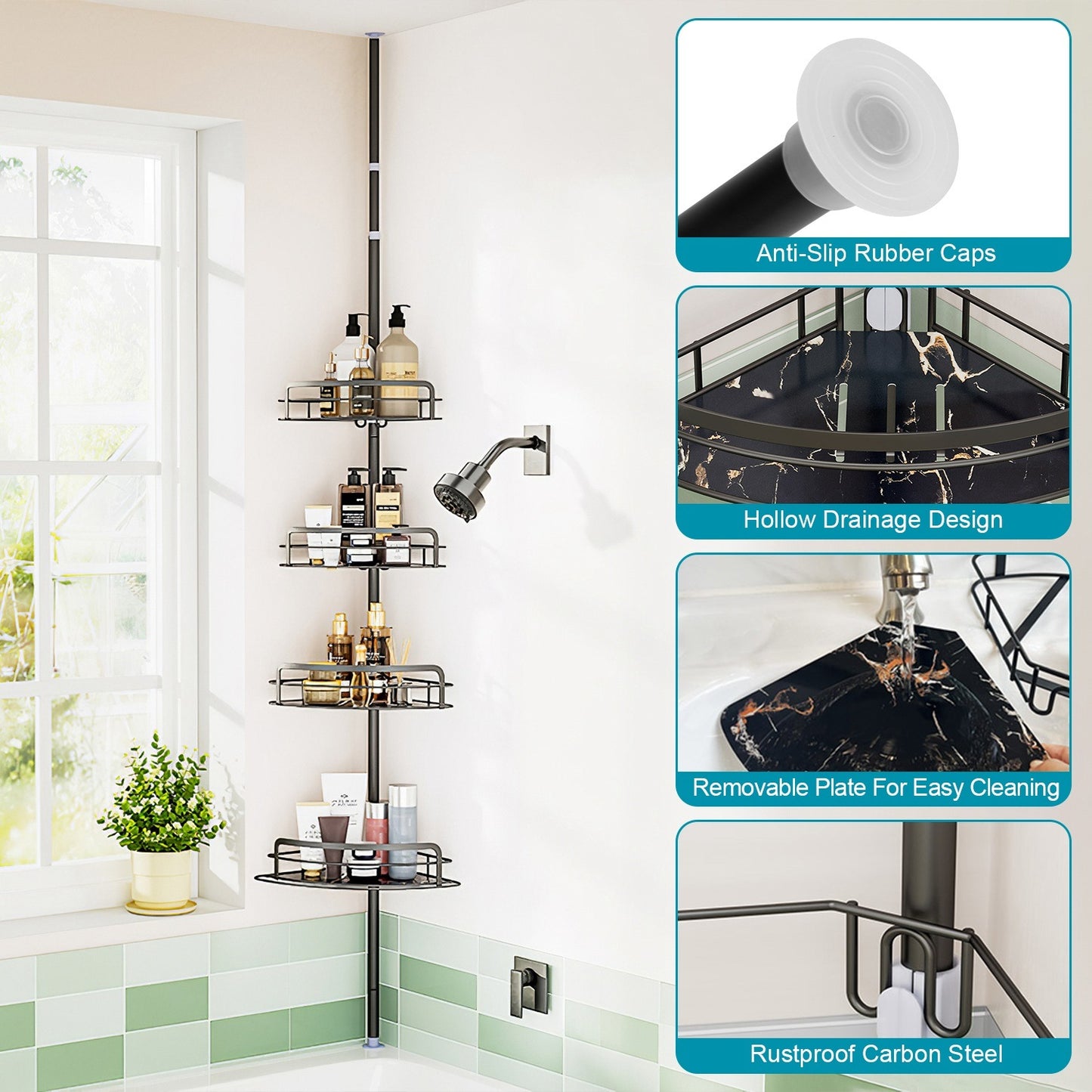 Rust-Resistant Corner Shower Caddy For Bathroom 4 Height Adjustable Shelves With Tension Pole Towel Bar Hanging Hook Floor Standing Bath Storage Rack 8.66-116.14IN