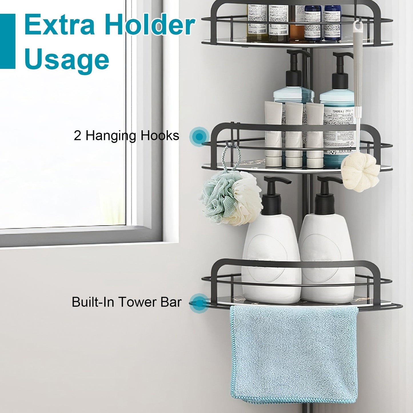 Rust-Resistant Corner Shower Caddy For Bathroom 4 Height Adjustable Shelves With Tension Pole Towel Bar Hanging Hook Floor Standing Bath Storage Rack 8.66-116.14IN