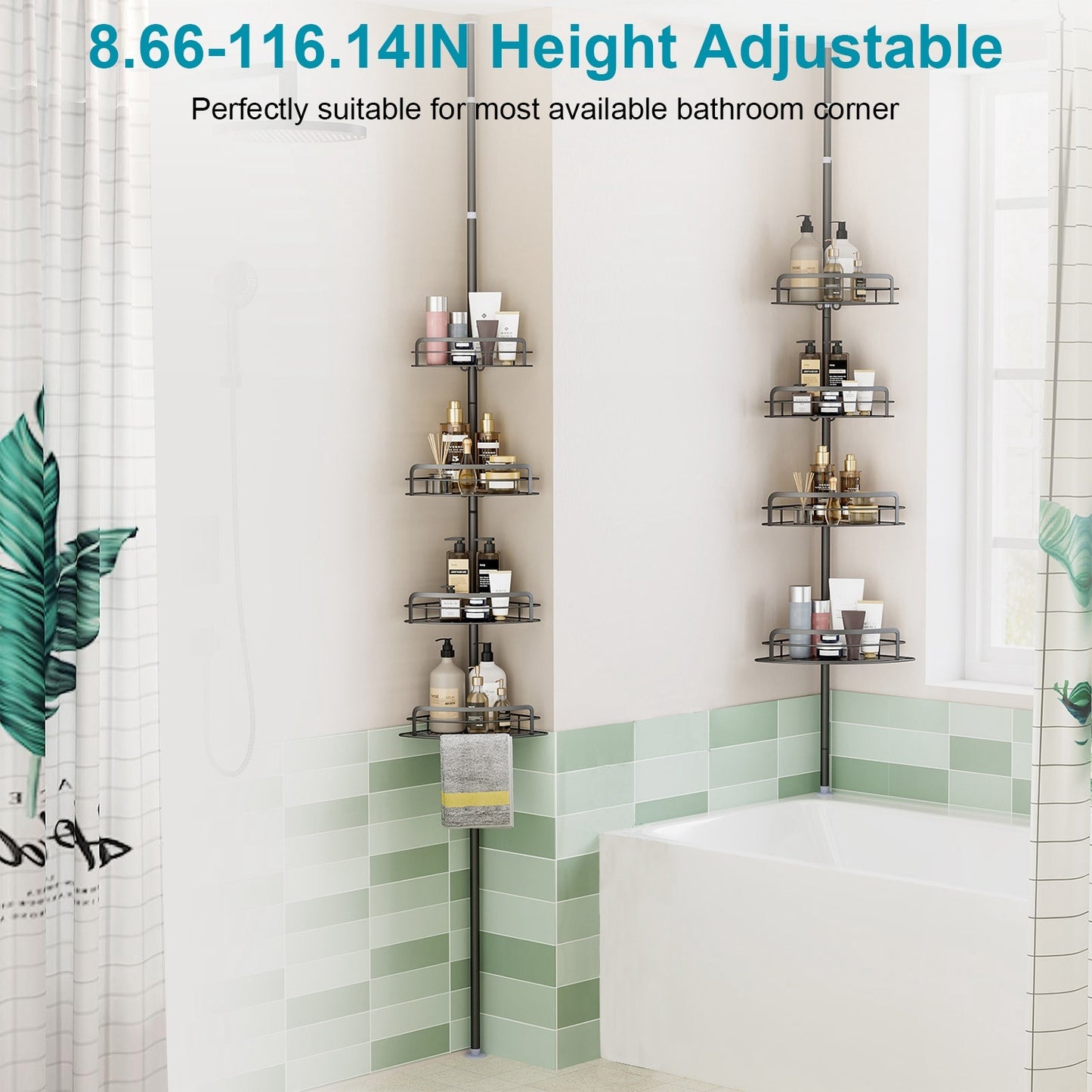 Rust-Resistant Corner Shower Caddy For Bathroom 4 Height Adjustable Shelves With Tension Pole Towel Bar Hanging Hook Floor Standing Bath Storage Rack 8.66-116.14IN