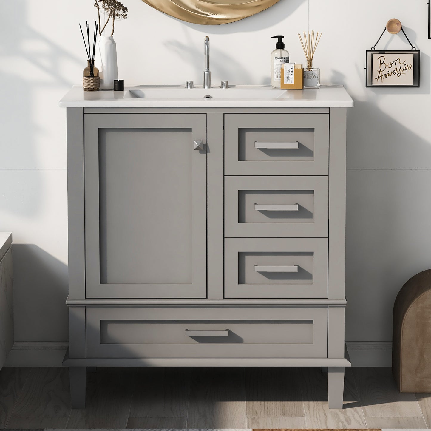 30" Bathroom Vanity , Modern Bathroom Cabinet with Sink Combo Set, Bathroom Storage Cabinet with a Soft Closing Door and 3 Drawers, Solid Wood Frame