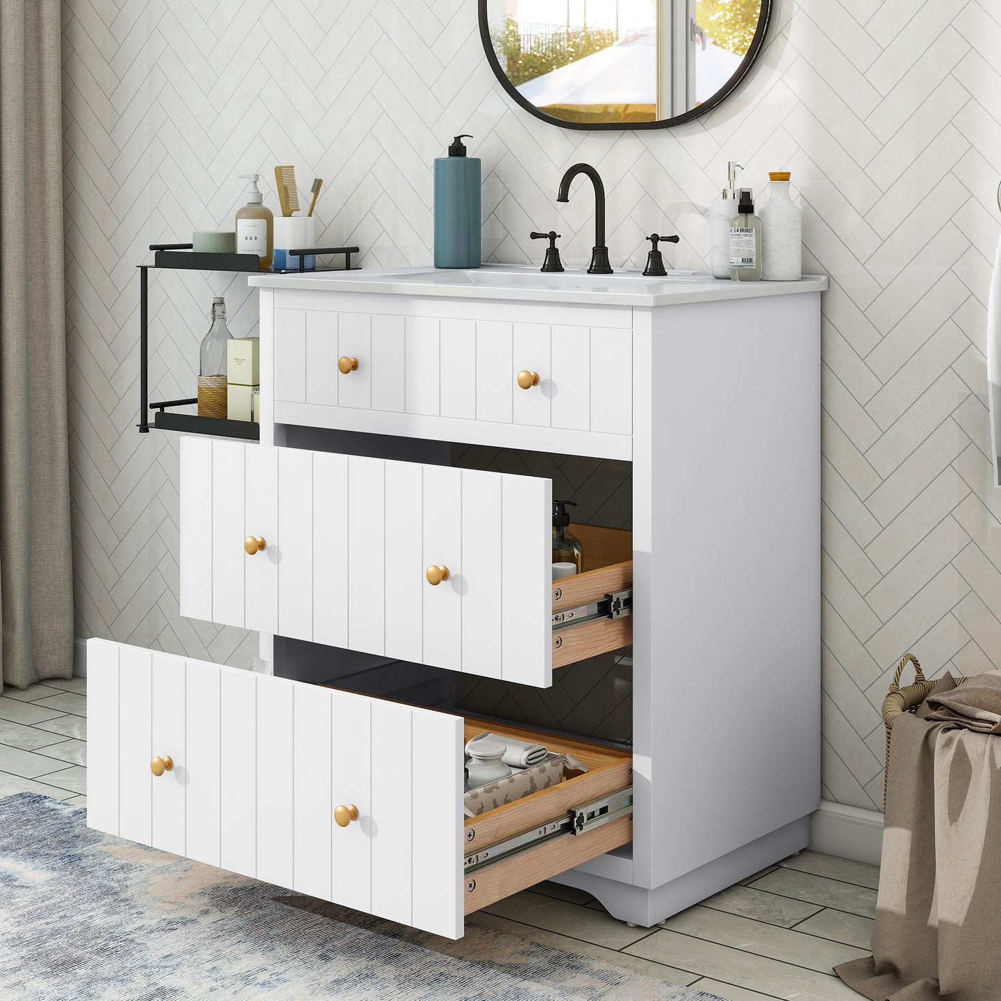 [Video]30-Inch Modern White Bathroom Vanity Cabinet with two drawers