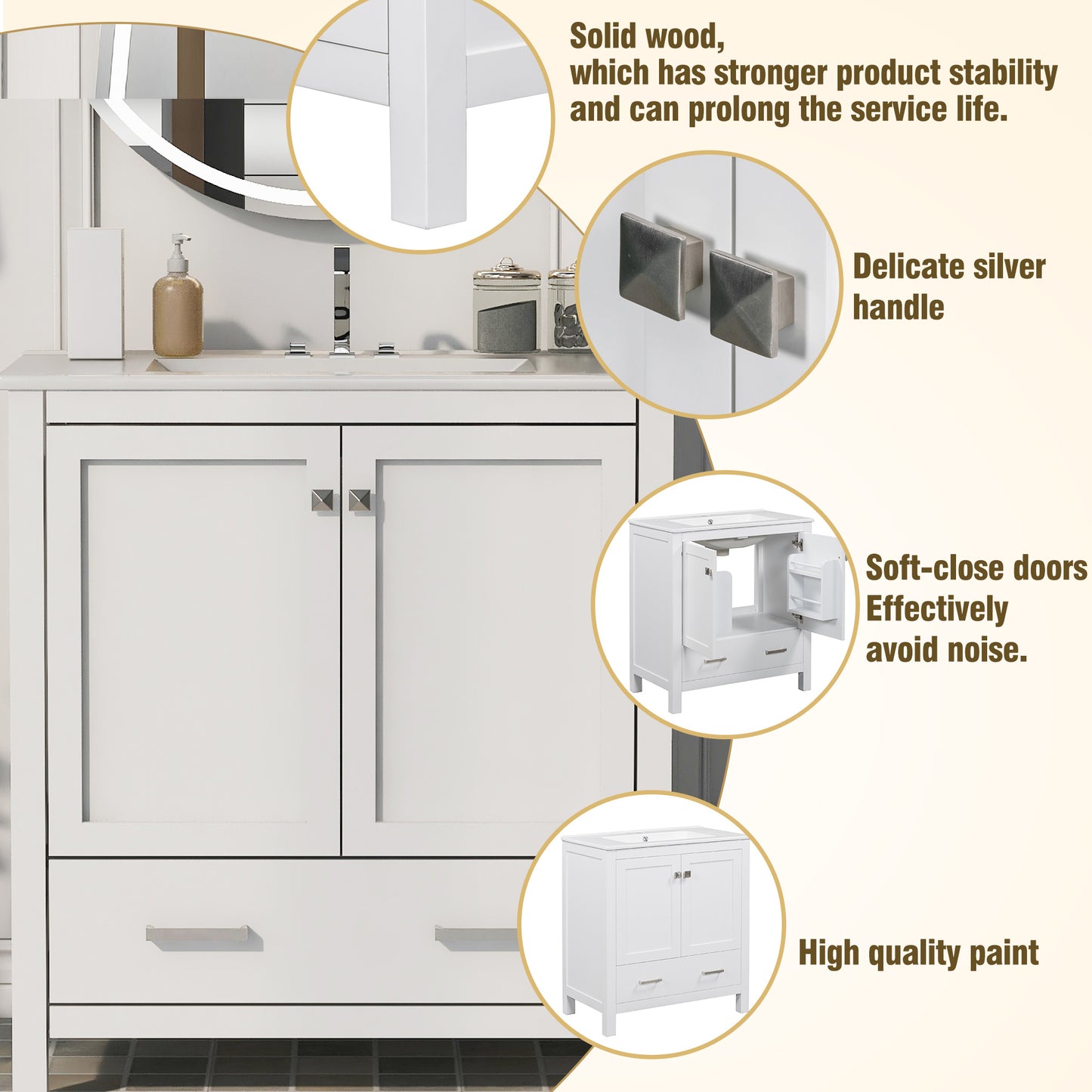 30" Bathroom Vanity with Single Sink, Combo Cabinet Undermount Sink, Bathroom Storage Cabinet with 2 Doors and a Drawer, Soft Closing, Multifunctional Storage, Solid Wood Frame