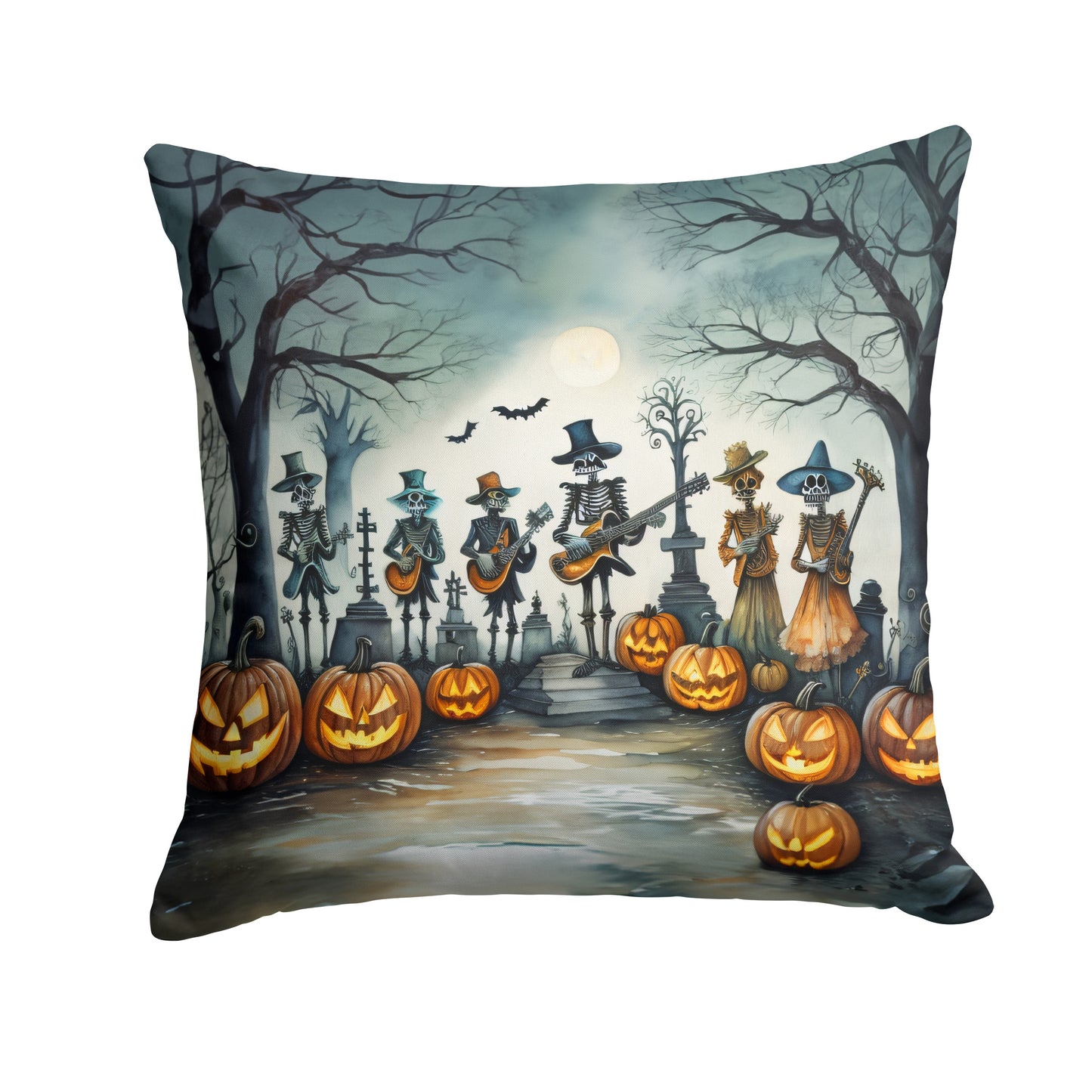 Mariachi Skeleton Band Spooky Halloween Throw Pillow Machine Washable, Indoor Outdoor Decorative Pillow for Couch, Bed or Patio, 14Hx14W