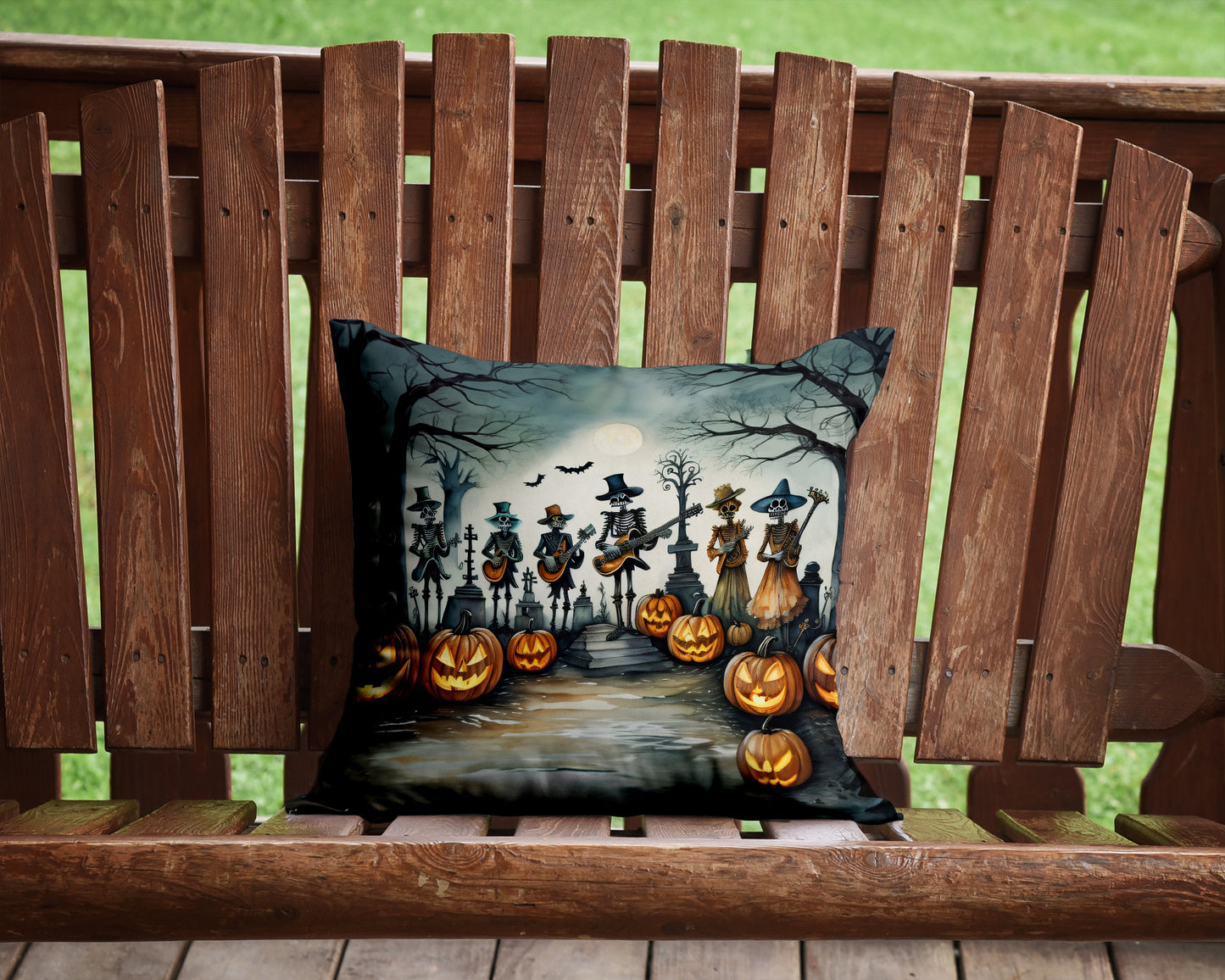 Mariachi Skeleton Band Spooky Halloween Throw Pillow Machine Washable, Indoor Outdoor Decorative Pillow for Couch, Bed or Patio, 14Hx14W