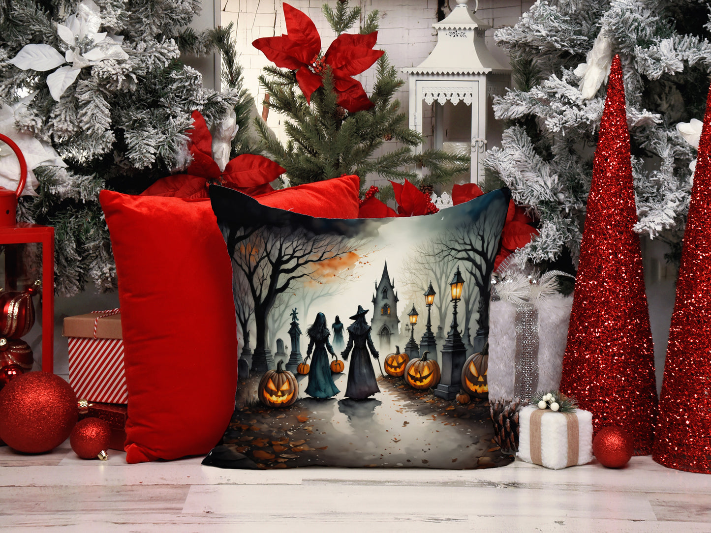 Vampires Spooky Halloween Throw Pillow Machine Washable, Indoor Outdoor Decorative Pillow for Couch, Bed or Patio, 14Hx14W