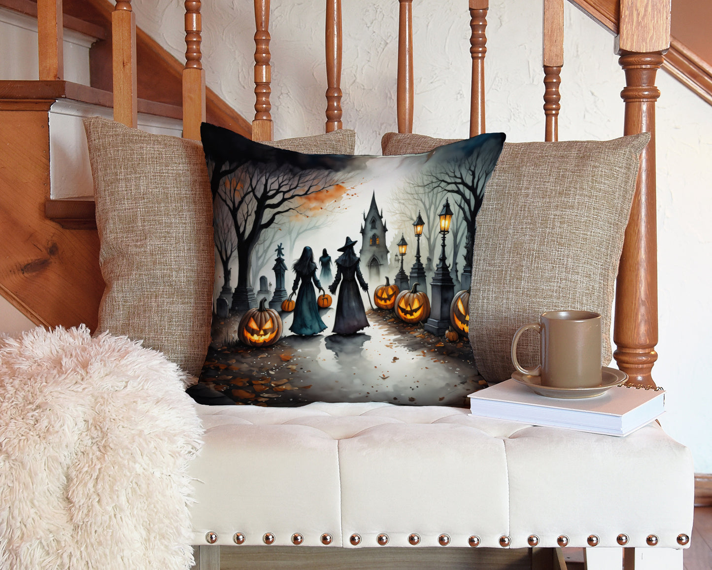 Vampires Spooky Halloween Throw Pillow Machine Washable, Indoor Outdoor Decorative Pillow for Couch, Bed or Patio, 14Hx14W