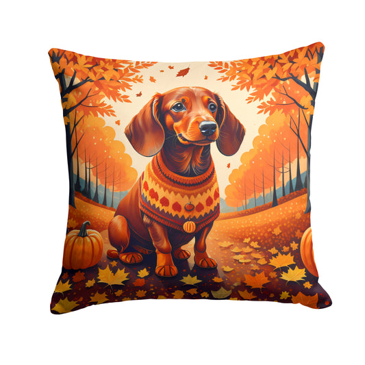 Dachshund Fall Throw Pillow Machine Washable, Indoor Outdoor Decorative Pillow for Couch, Bed or Patio, 14Hx14W