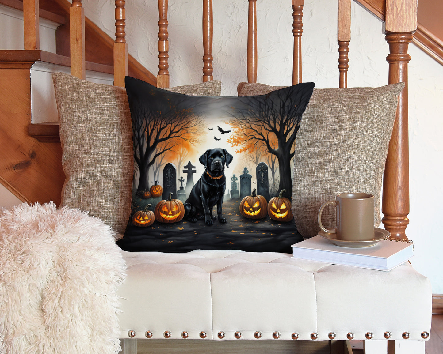 Black Labrador Retriever Spooky Halloween Throw Pillow Machine Washable, Indoor Outdoor Decorative Pillow for Couch, Bed or Patio, 14Hx14W