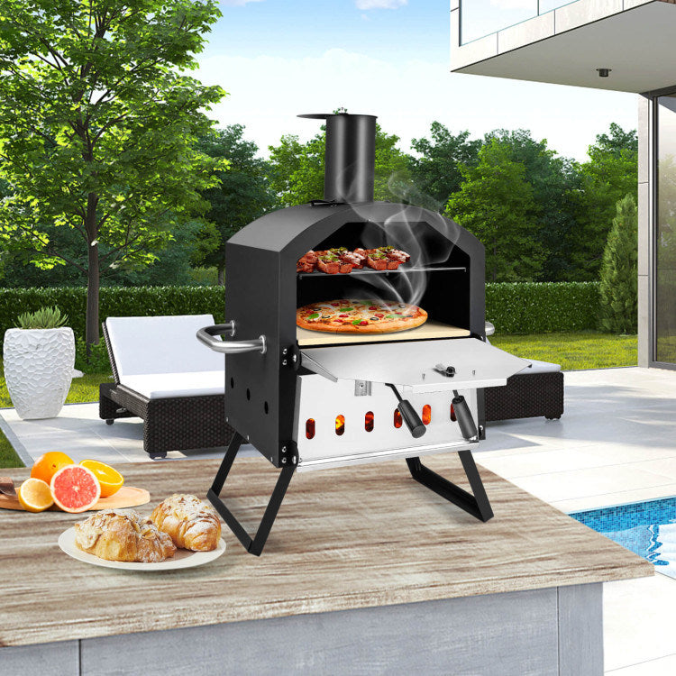 2-Layer Pizza Oven with Removable Cooking Rack and Folding Legs