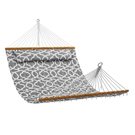 VEVOR Double Quilted Fabric Hammock, 12 FT Double Hammock with Hardwood Spreader Bars, 2 Person Quilted Hammock with Detachable Pillow and Chains for Camping Outdoor Patio Yard Beach, 480 lbs Capacity