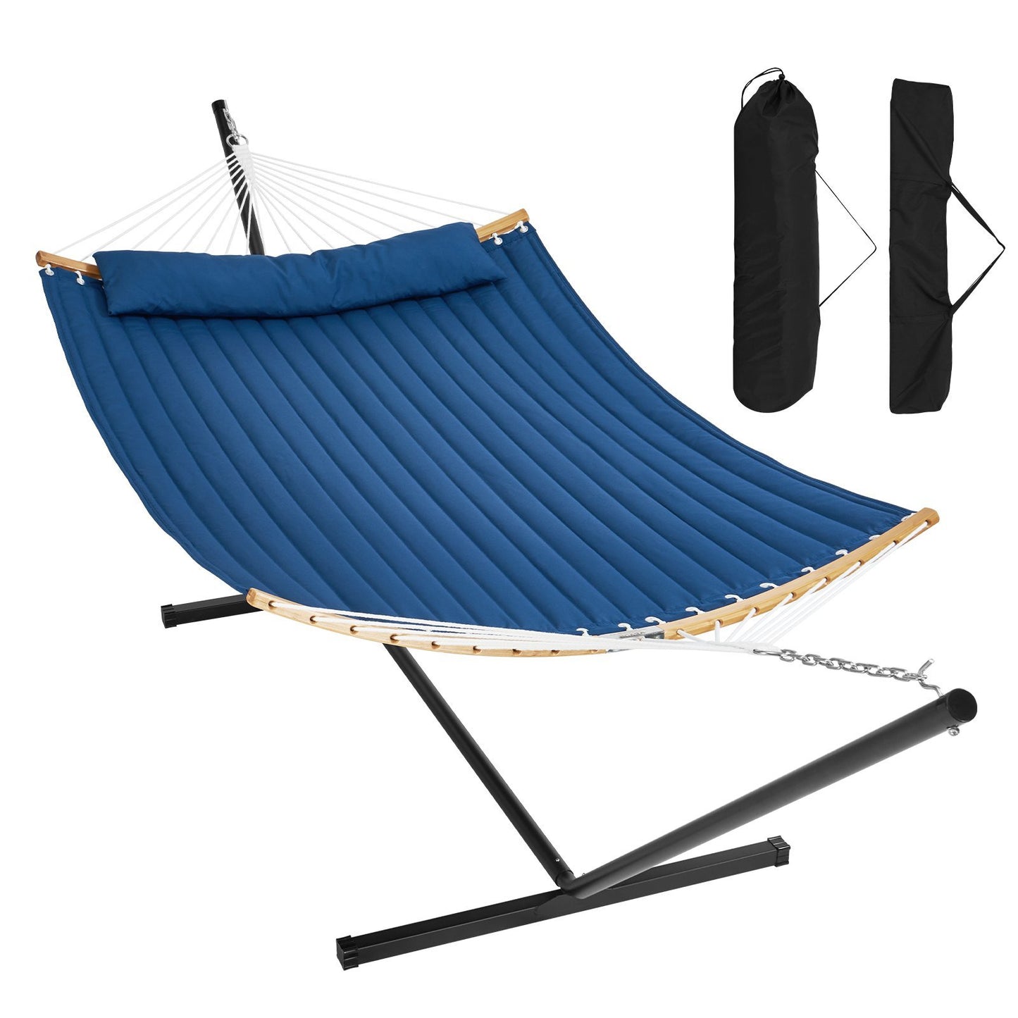 VEVOR Two Person Hammock with Stand Included, Double Hammock with Curved Spreader Bar and Detachable Pillow and Portable Carrying Bag, Perfect for Outdoor Freestanding Hammock, 480lb Capacity