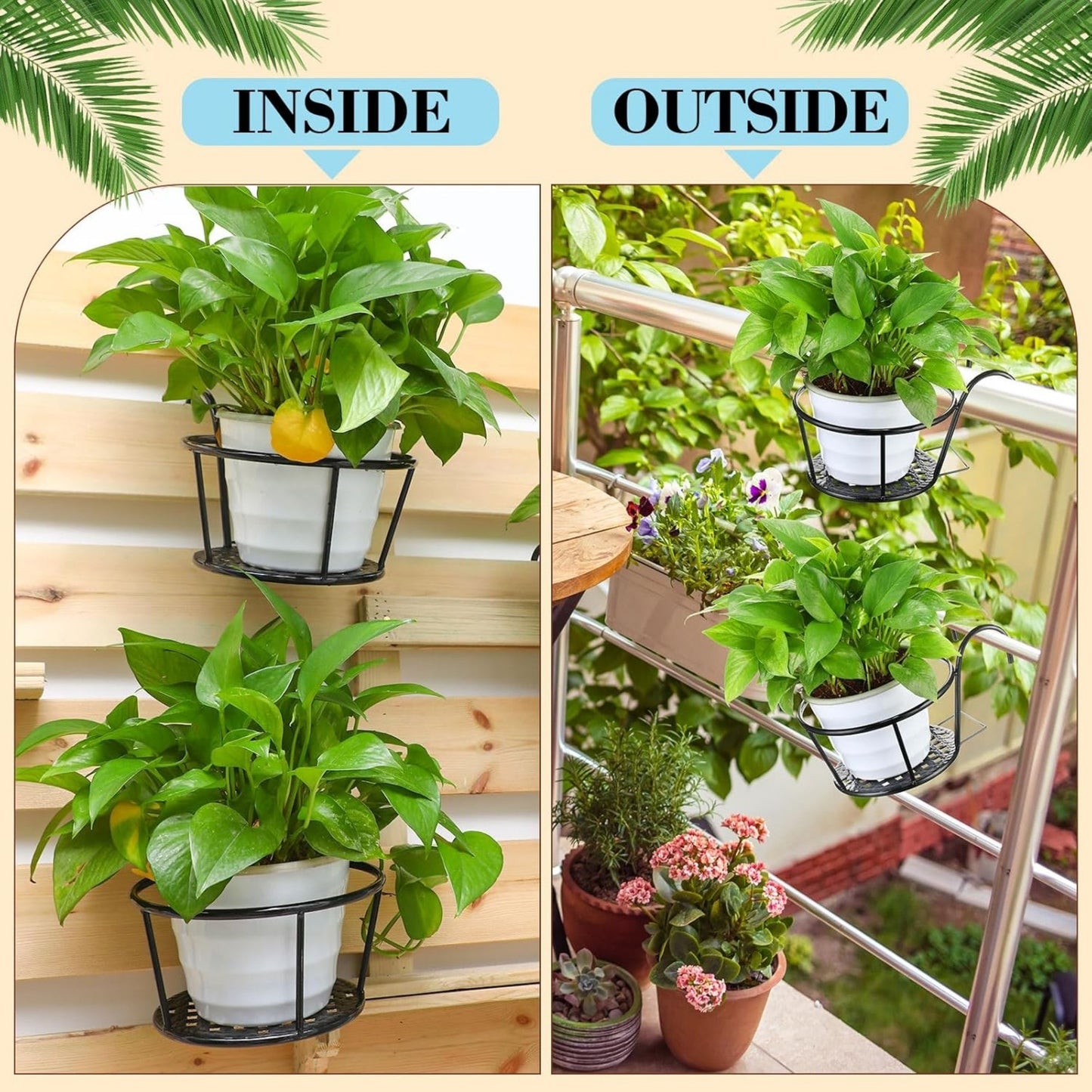 Iron Hanging Plant Holder Over The Rail Metal Fence Planters, Hanging Bucket Flower Pot Holder for Patio Balcony Outdoor Plants - Pack of 4 (Black)