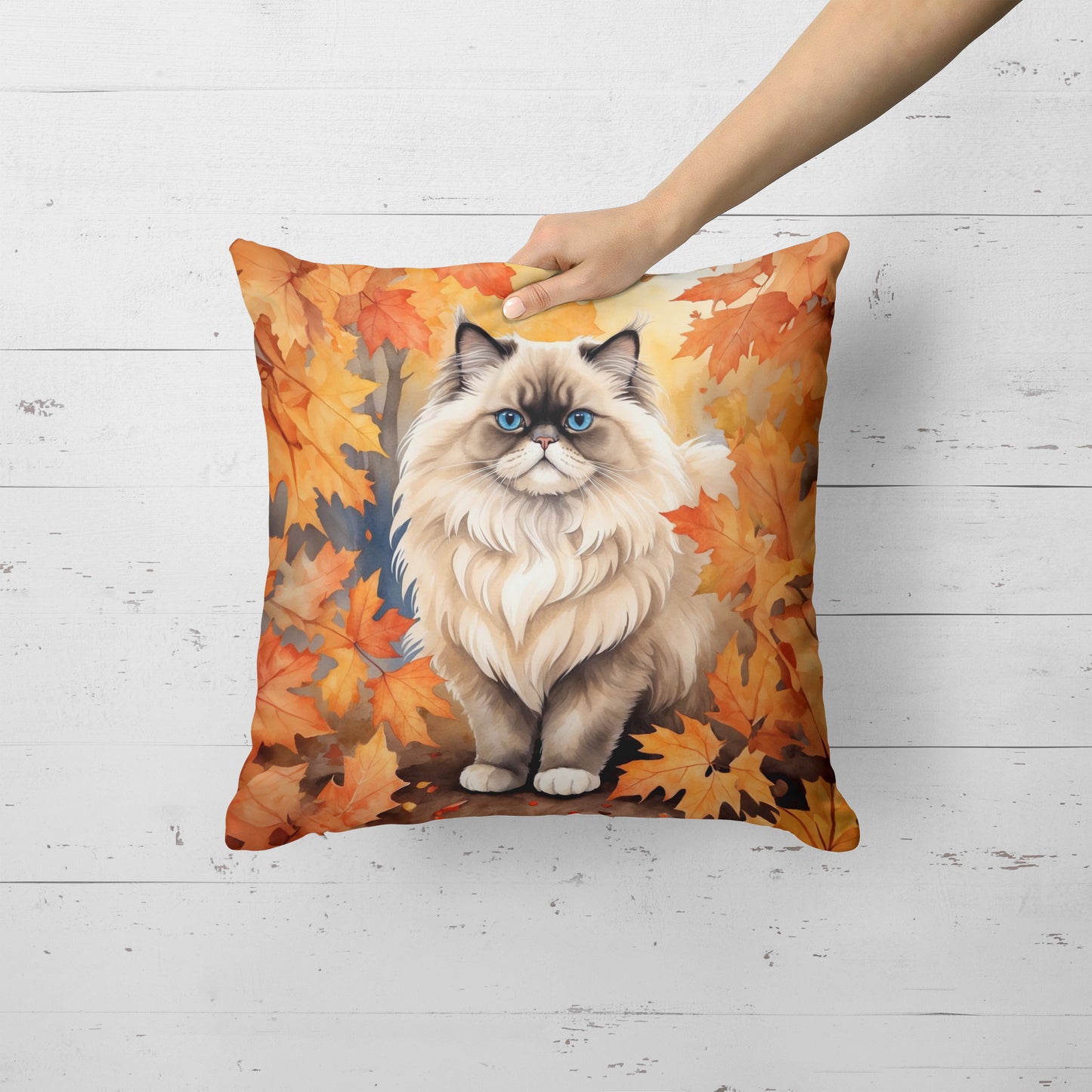 Colorpoint Longhair Cat in Fall Leaves Throw Pillow Machine Washable, Indoor Outdoor Decorative Pillow for Couch, Bed or Patio, 18Hx18W