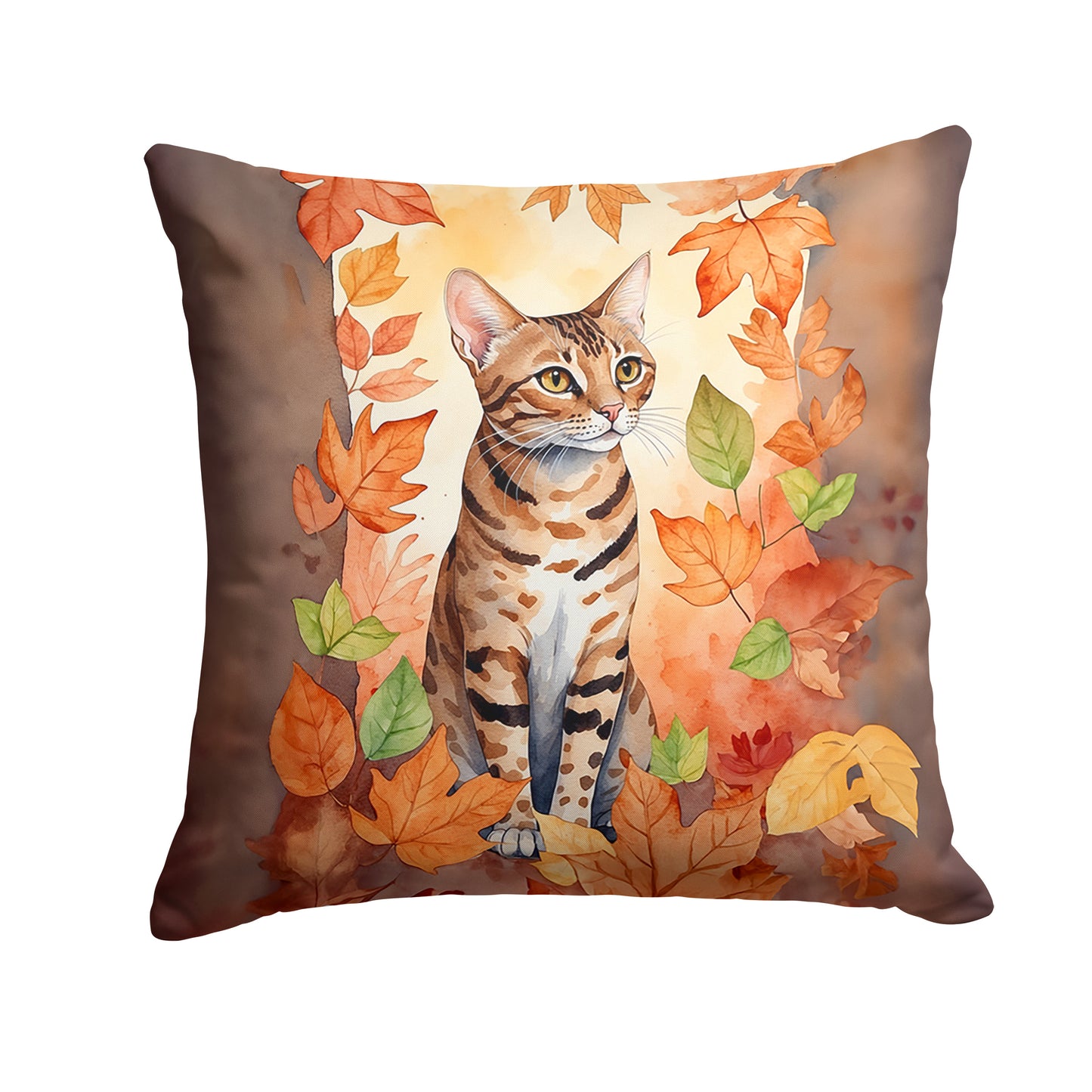 Ocicat Cat in Fall Leaves Throw Pillow Machine Washable, Indoor Outdoor Decorative Pillow for Couch, Bed or Patio, 14Hx14W